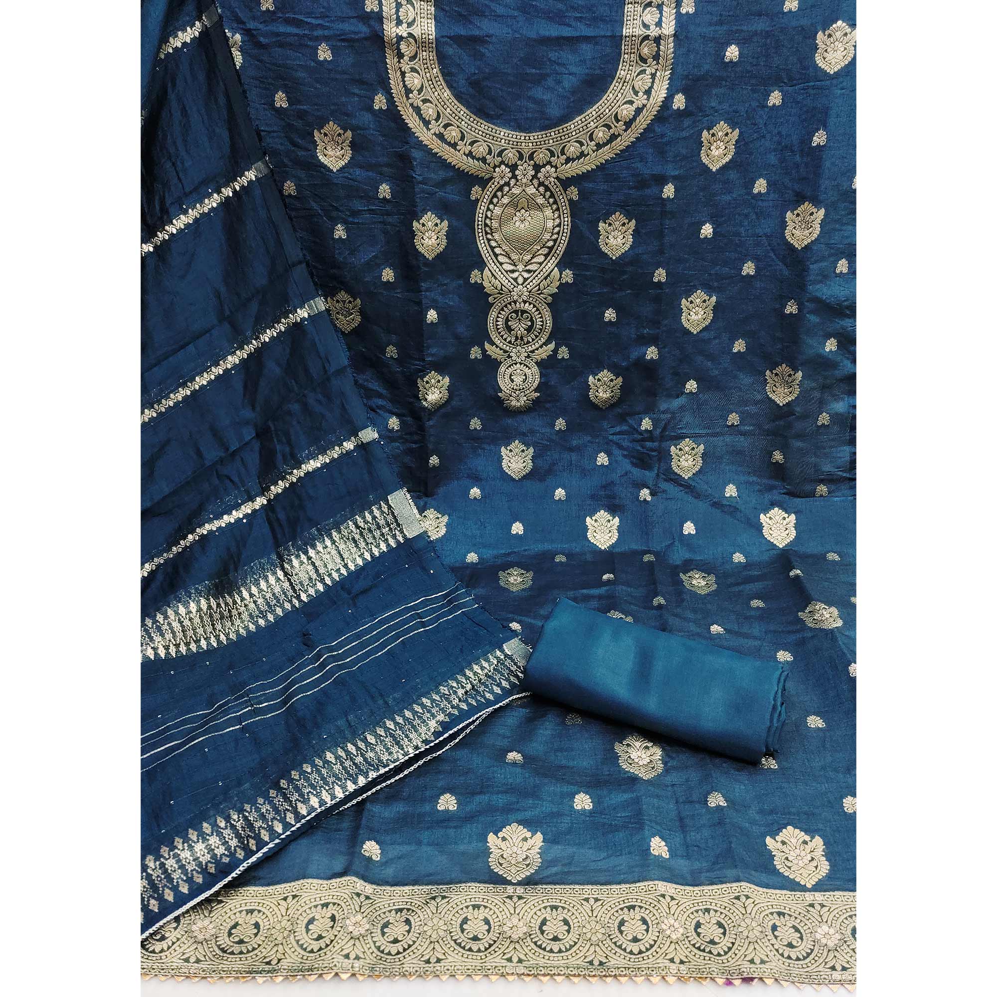 Teal Banarasi Silk Dress Material With Classic Zari Design