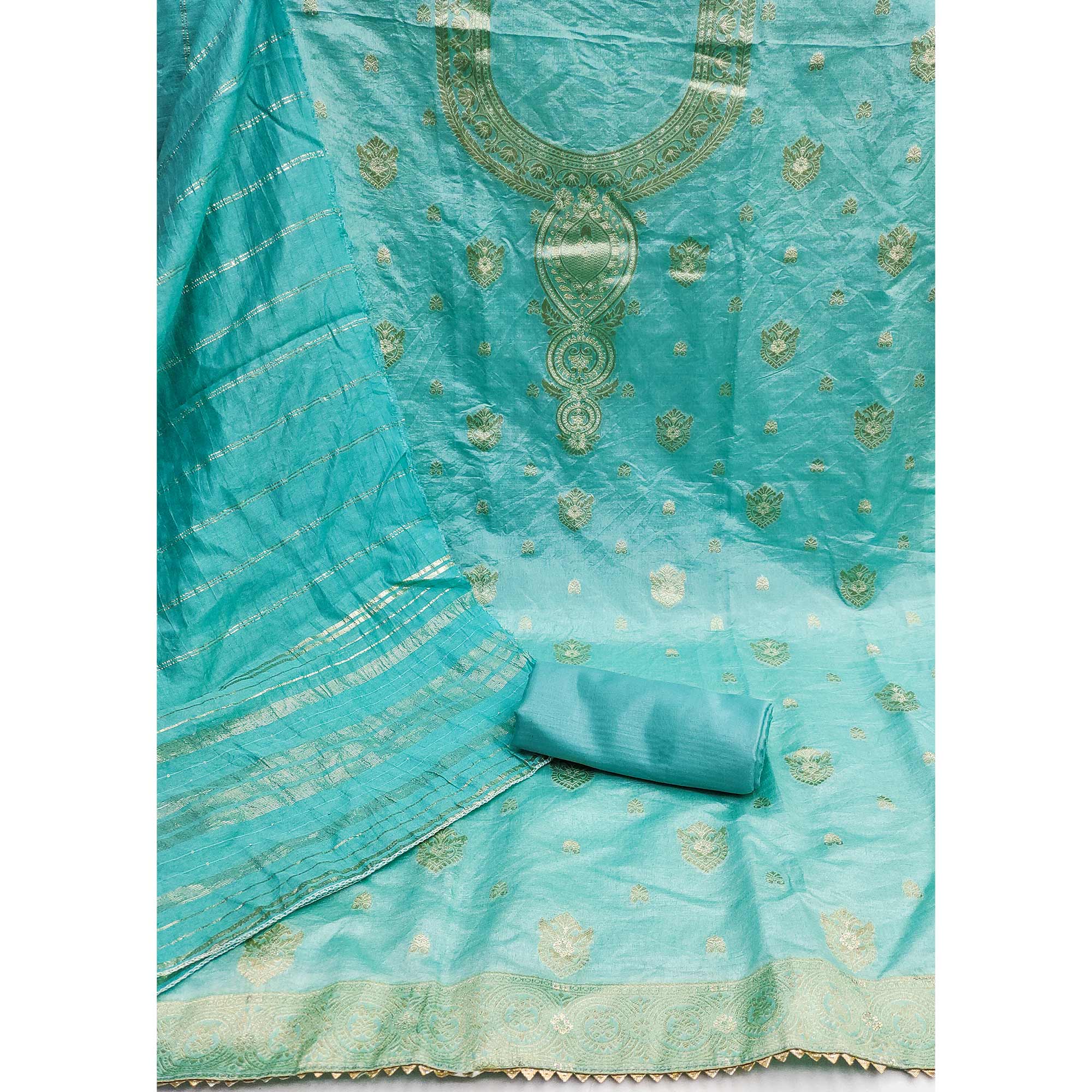 Turquoise Banarasi Silk Dress Material With Classic Zari Design