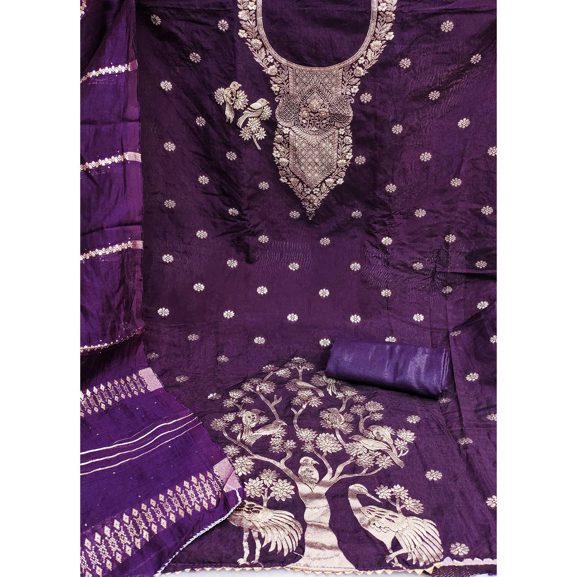 Purple Banarasi Silk Dress Material With Classic Zari Design