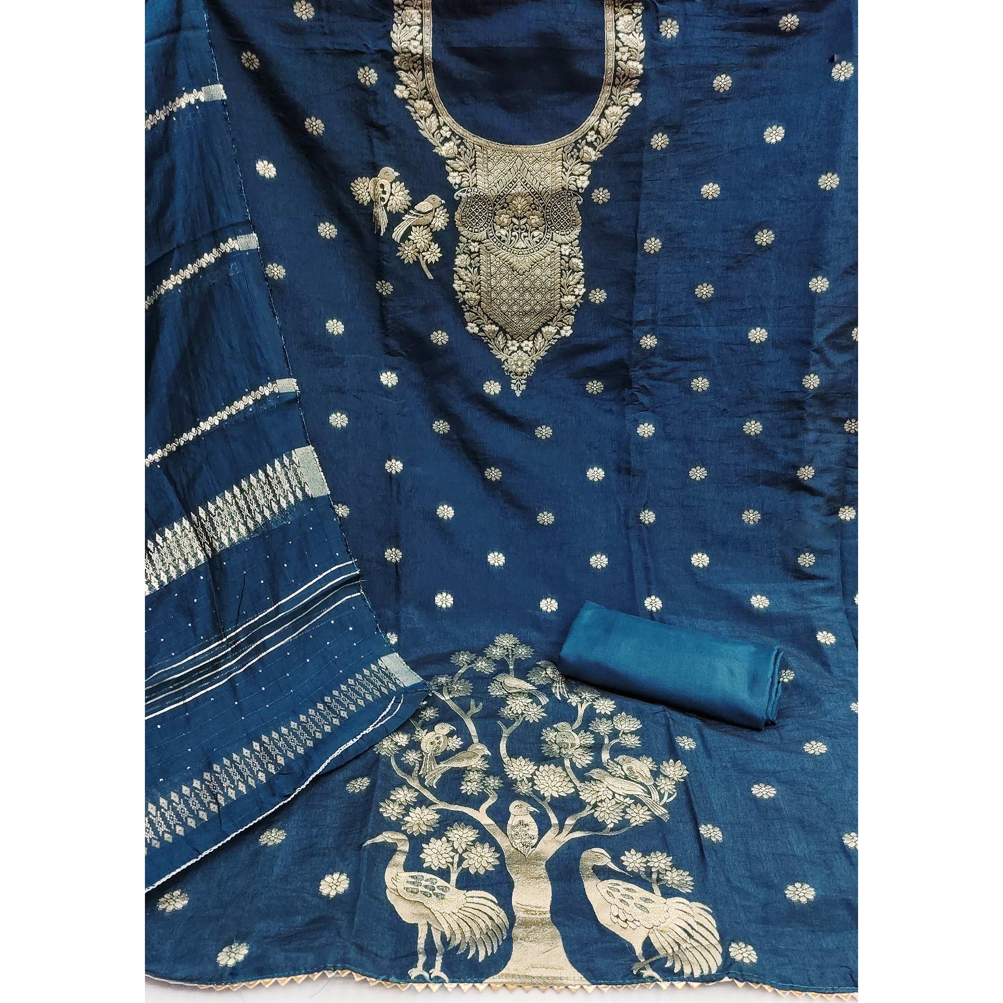 Teal Banarasi Silk Dress Material With Classic Zari Design