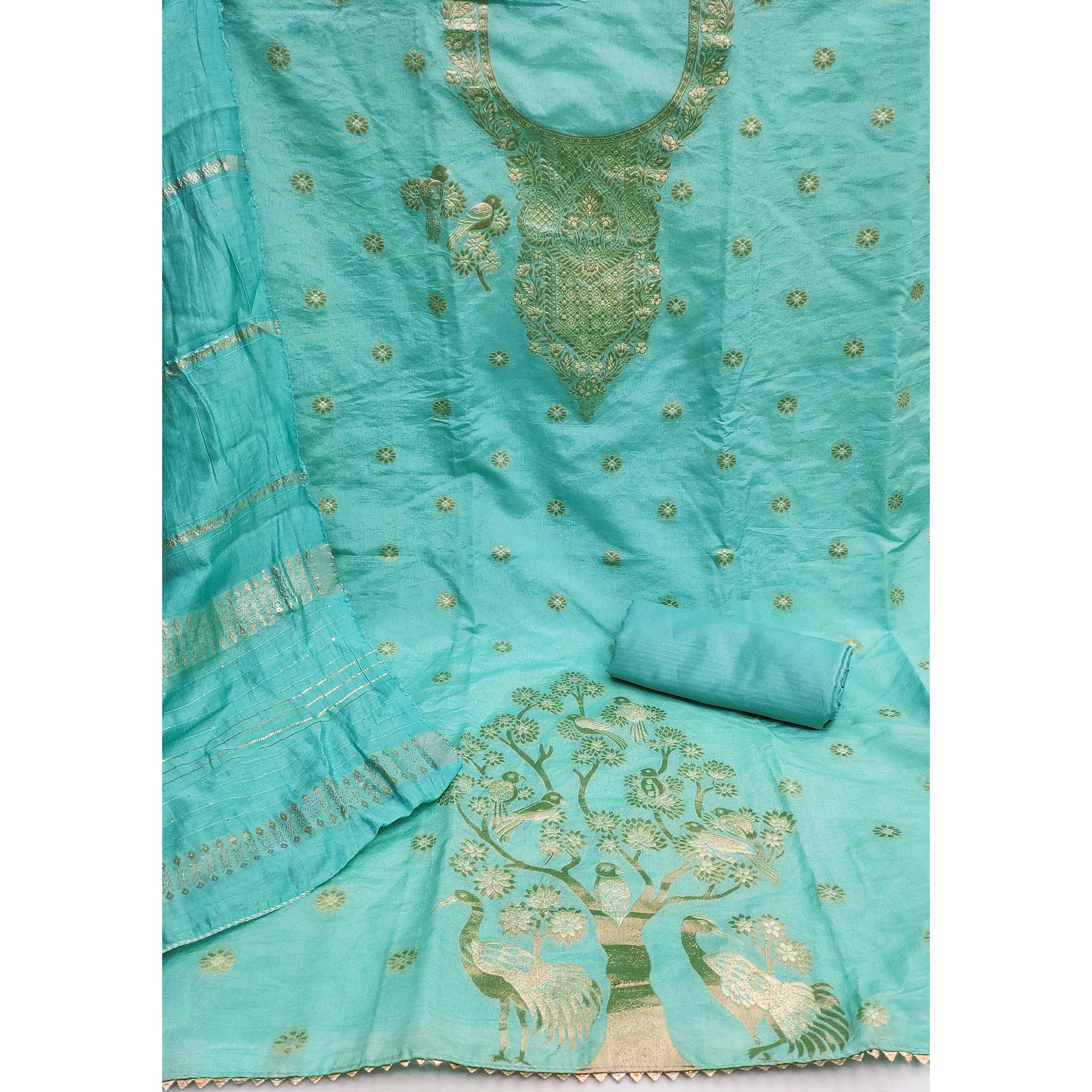Turquoise Banarasi Silk Dress Material With Classic Zari Design