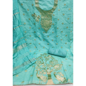 Turquoise Banarasi Silk Dress Material With Classic Zari Design