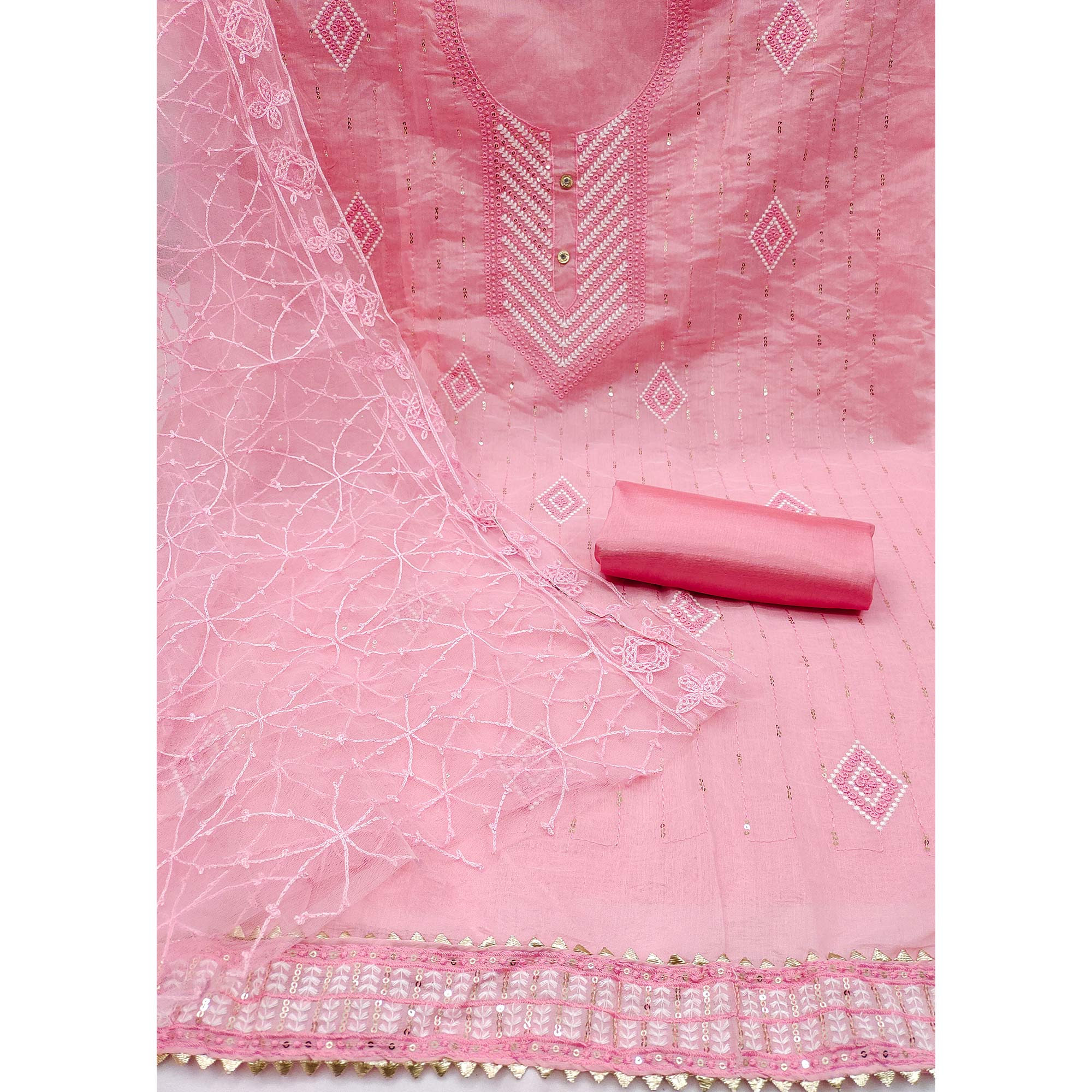 Shimmering Pink Sequins Embroidered Chanderi Cotton Suit Material
