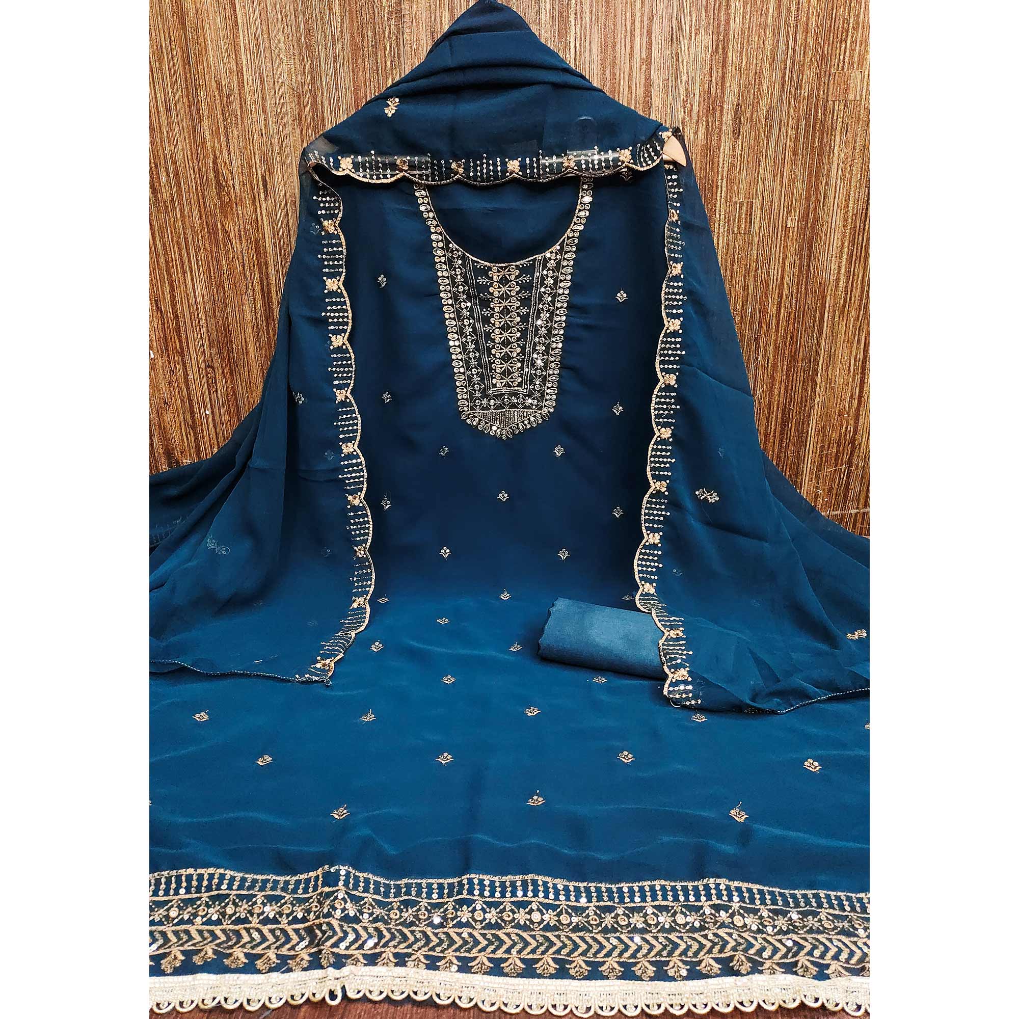 Blue Georgette Dress Material Featuring Floral Sequins Embroidery