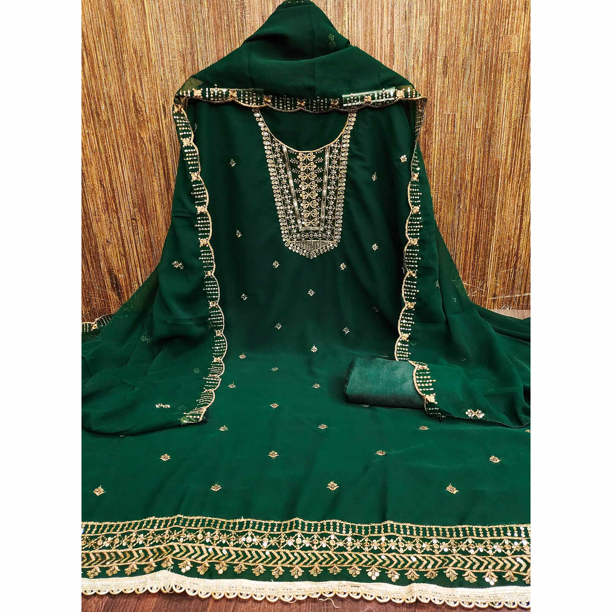 Green Georgette Dress Material Featuring Floral Sequins Embroidery