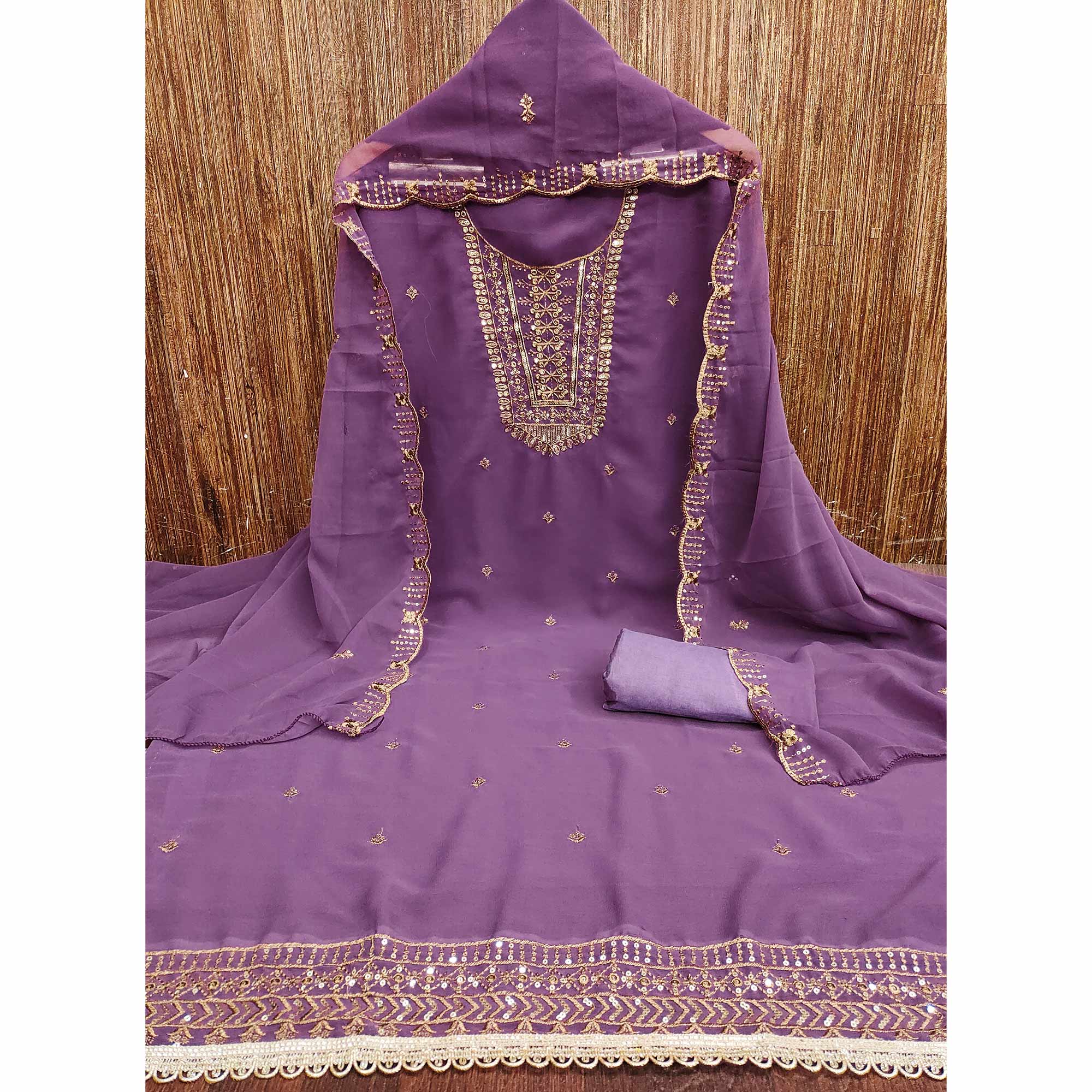 Lilac Purple Georgette Dress Material Featuring Floral Sequins Embroidery