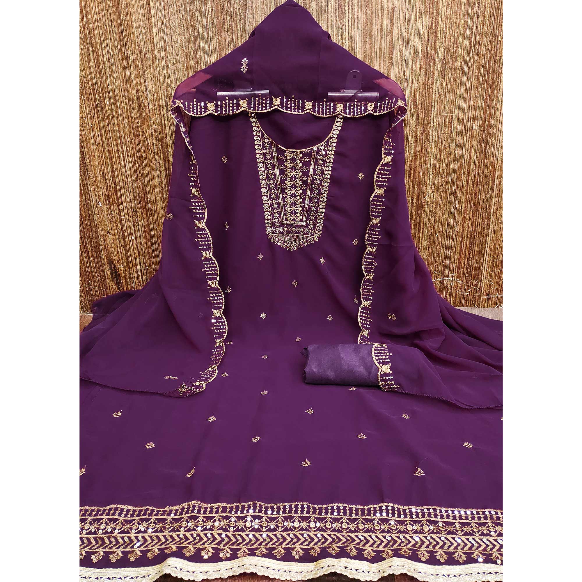 Wine Georgette Dress Material Featuring Floral Sequins Embroidery