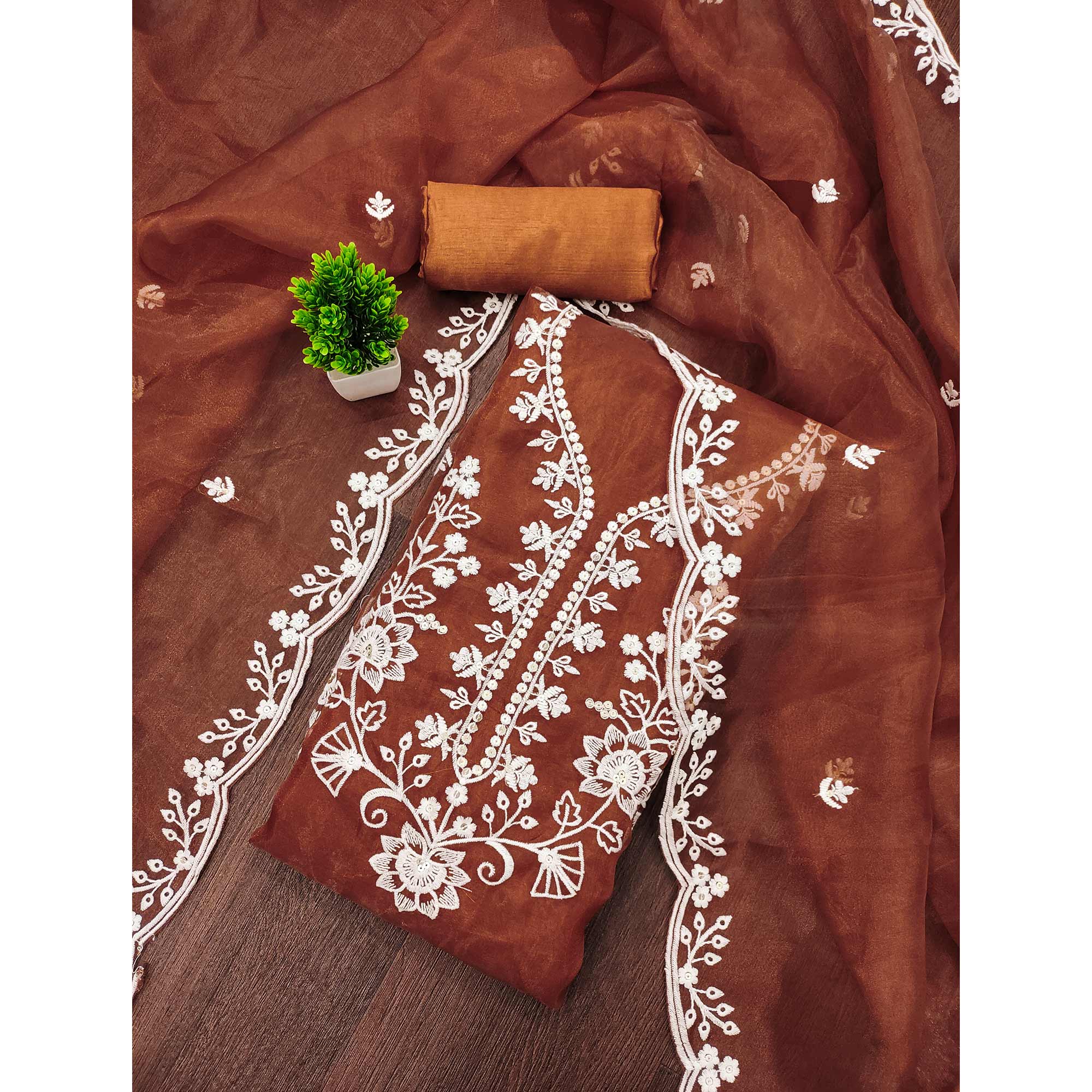 Brown Floral Embroidered Work Dress Material With Shimmering Sequin Detailing