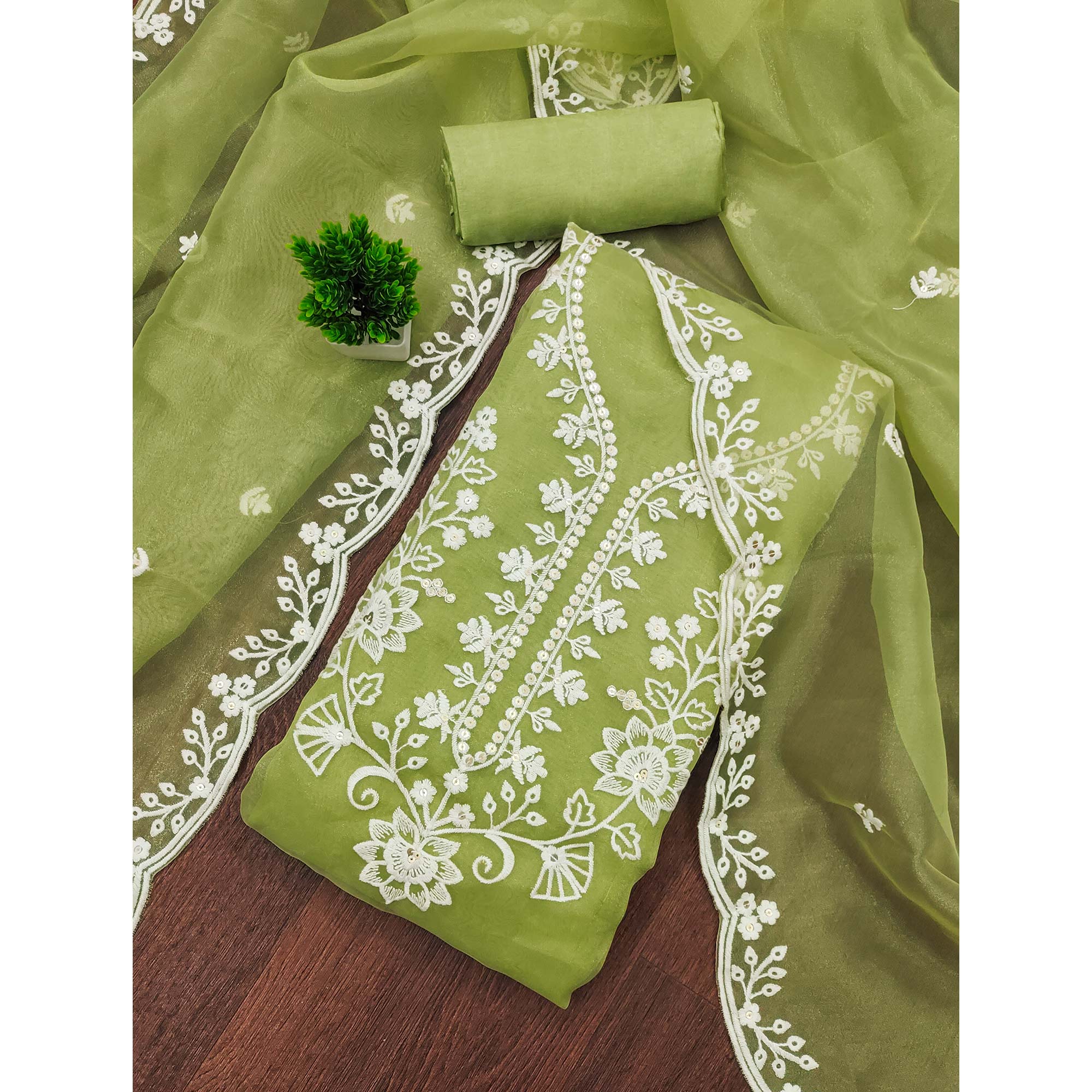 Green Floral Embroidered Work Dress Material With Shimmering Sequin Detailing