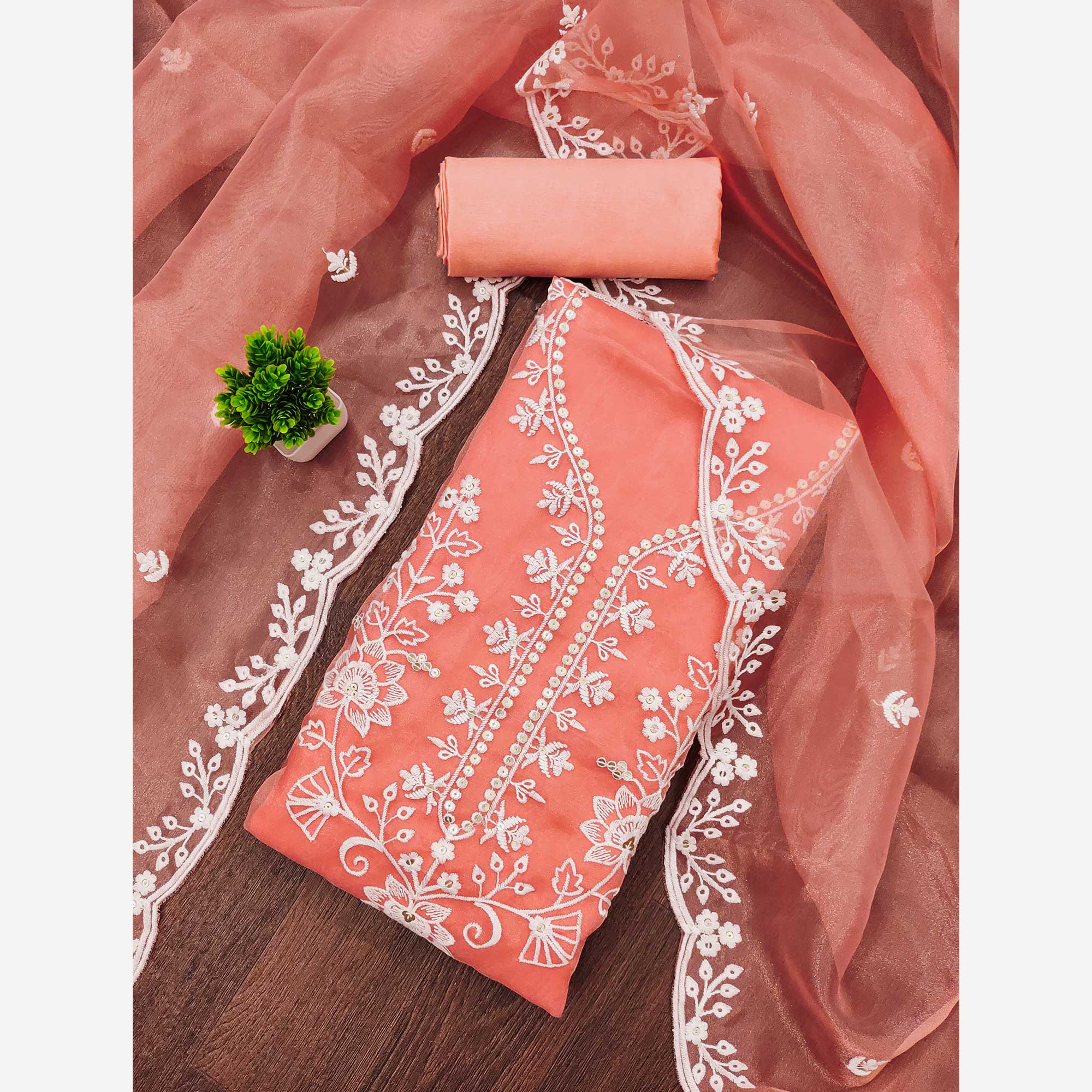 Peach Floral Embroidered Work Dress Material With Shimmering Sequin Detailing