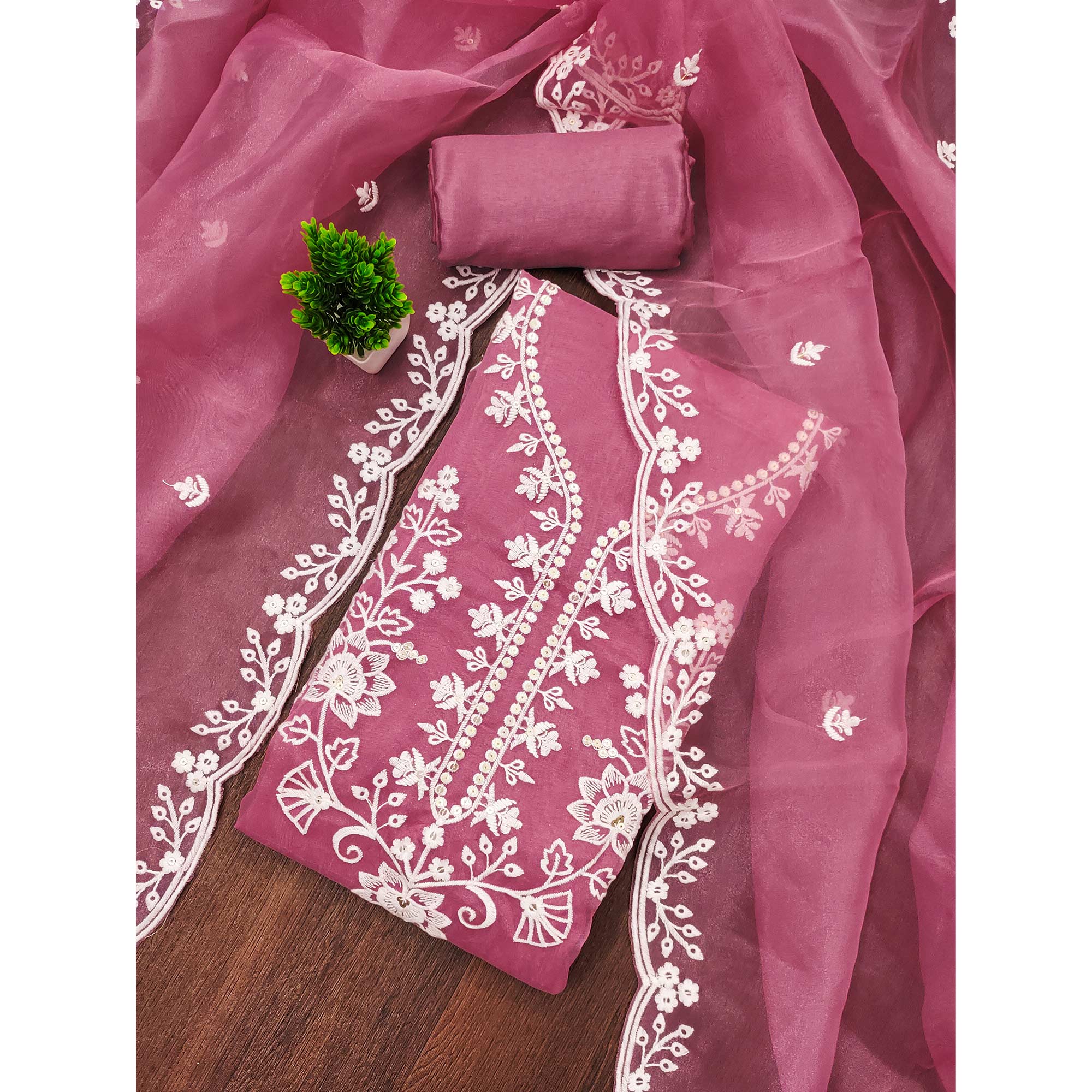 Pink Floral Embroidered Work Dress Material With Shimmering Sequin Detailing