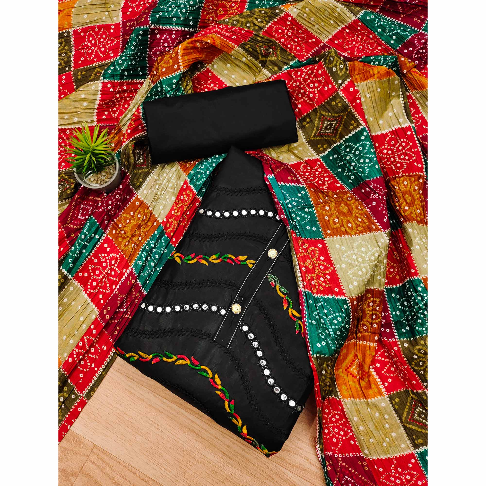 Black Cotton Blend Dress Material With Intricate Thread Embroidery & Paper Mirror Work