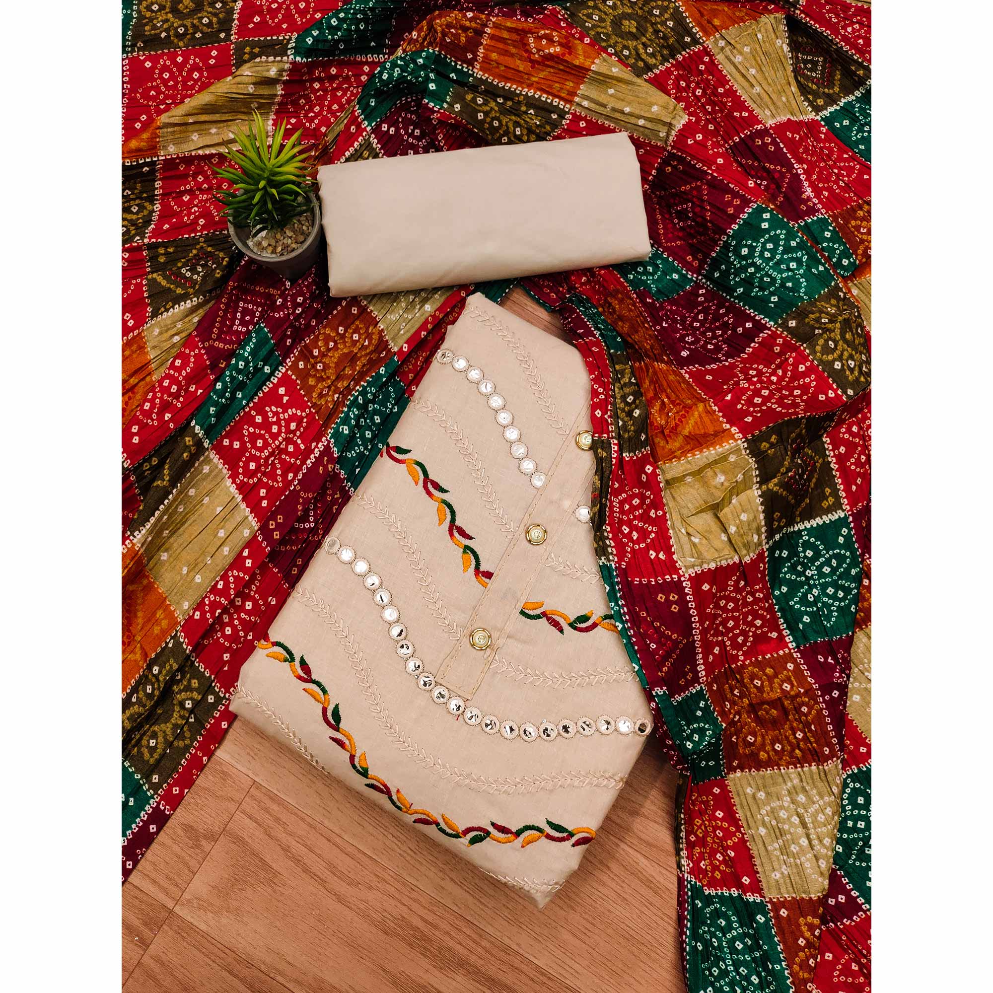 Cream Cotton Blend Dress Material With Intricate Thread Embroidery & Paper Mirror Work