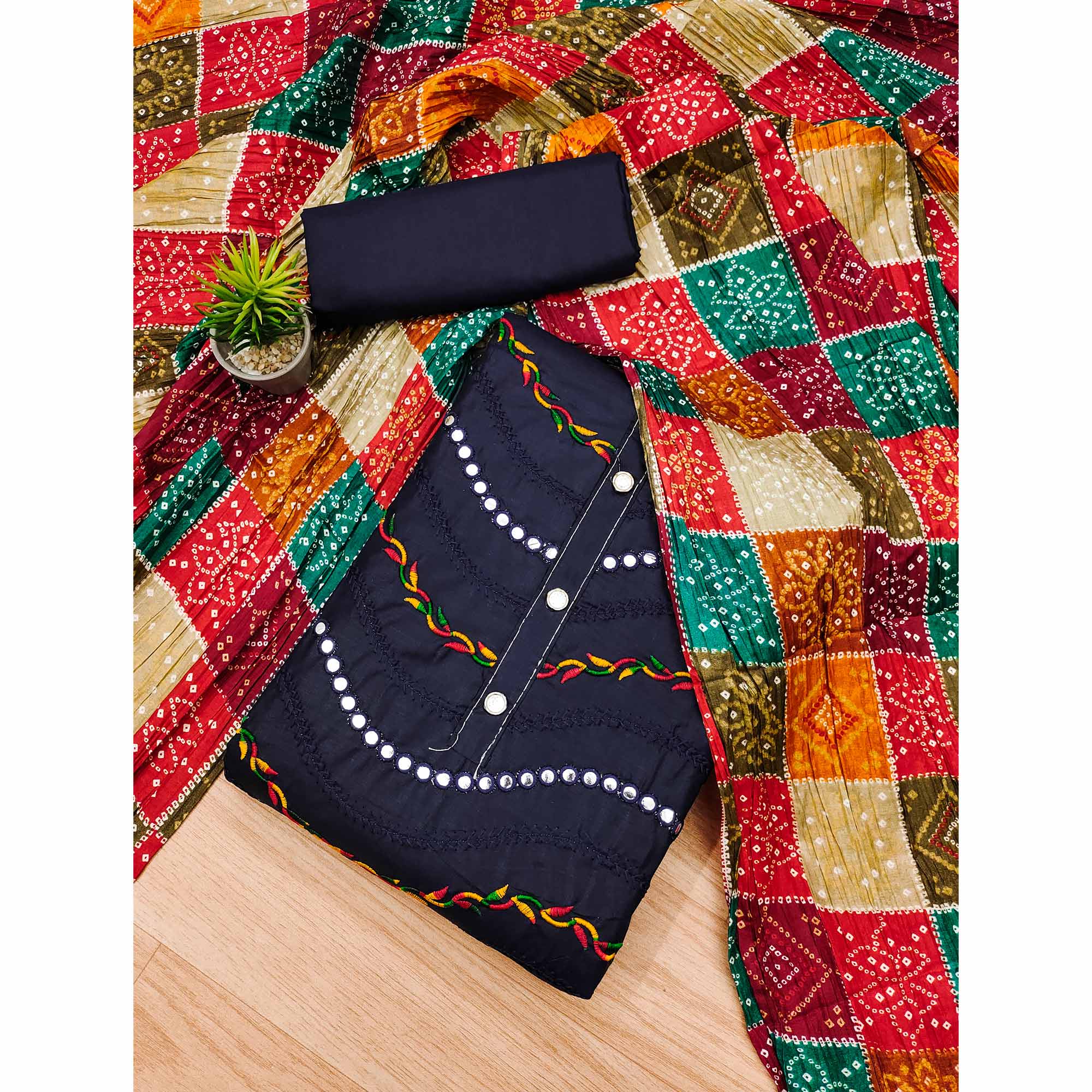 Navy Blue Cotton Blend Dress Material With Intricate Thread Embroidery & Paper Mirror Work