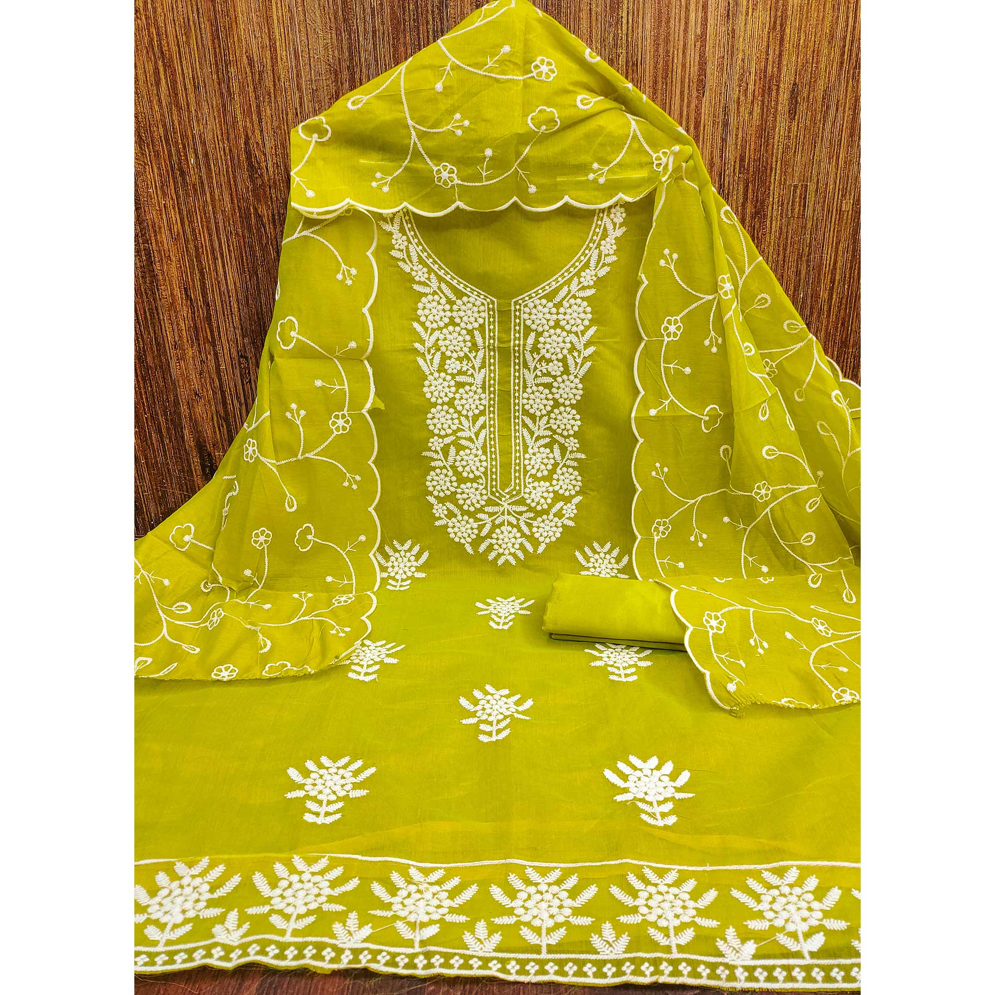 Green Chanderi Silk Dress Material With Exquisite Floral Thread Embroidery