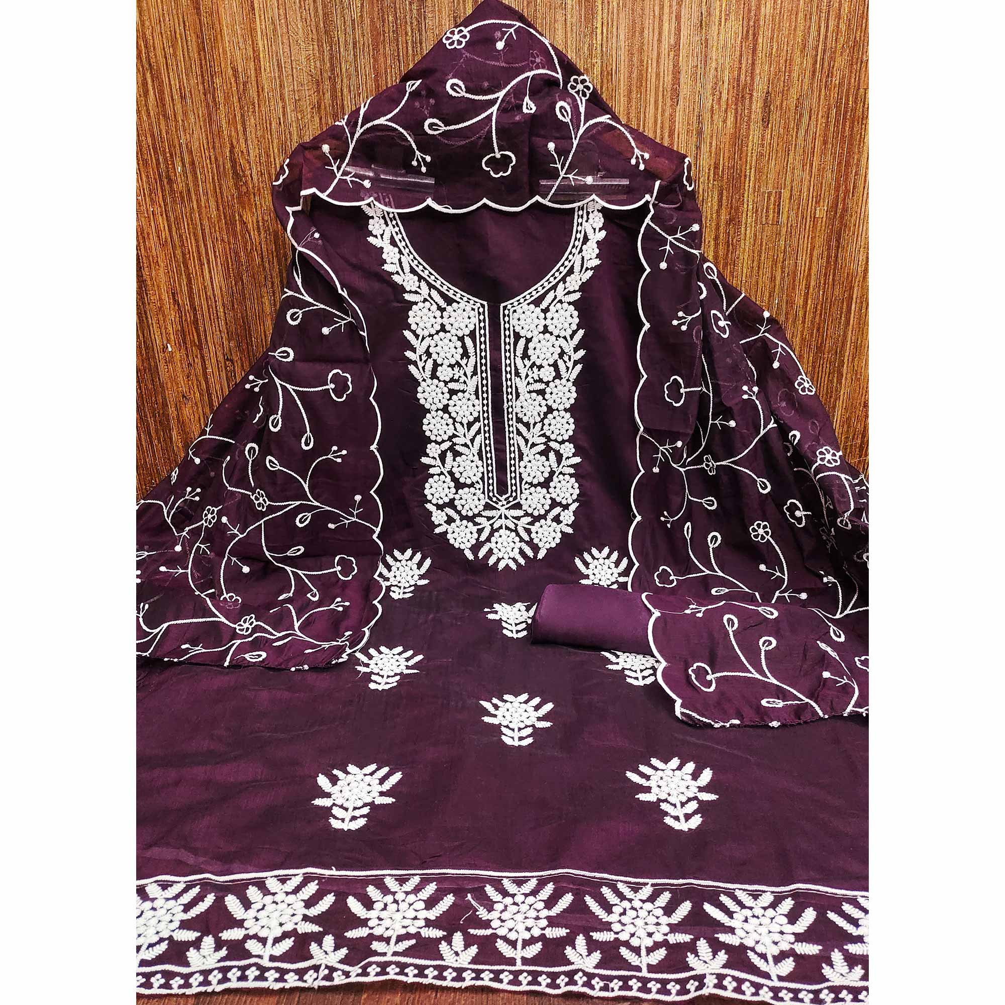 Wine Chanderi Silk Dress Material With Exquisite Floral Thread Embroidery