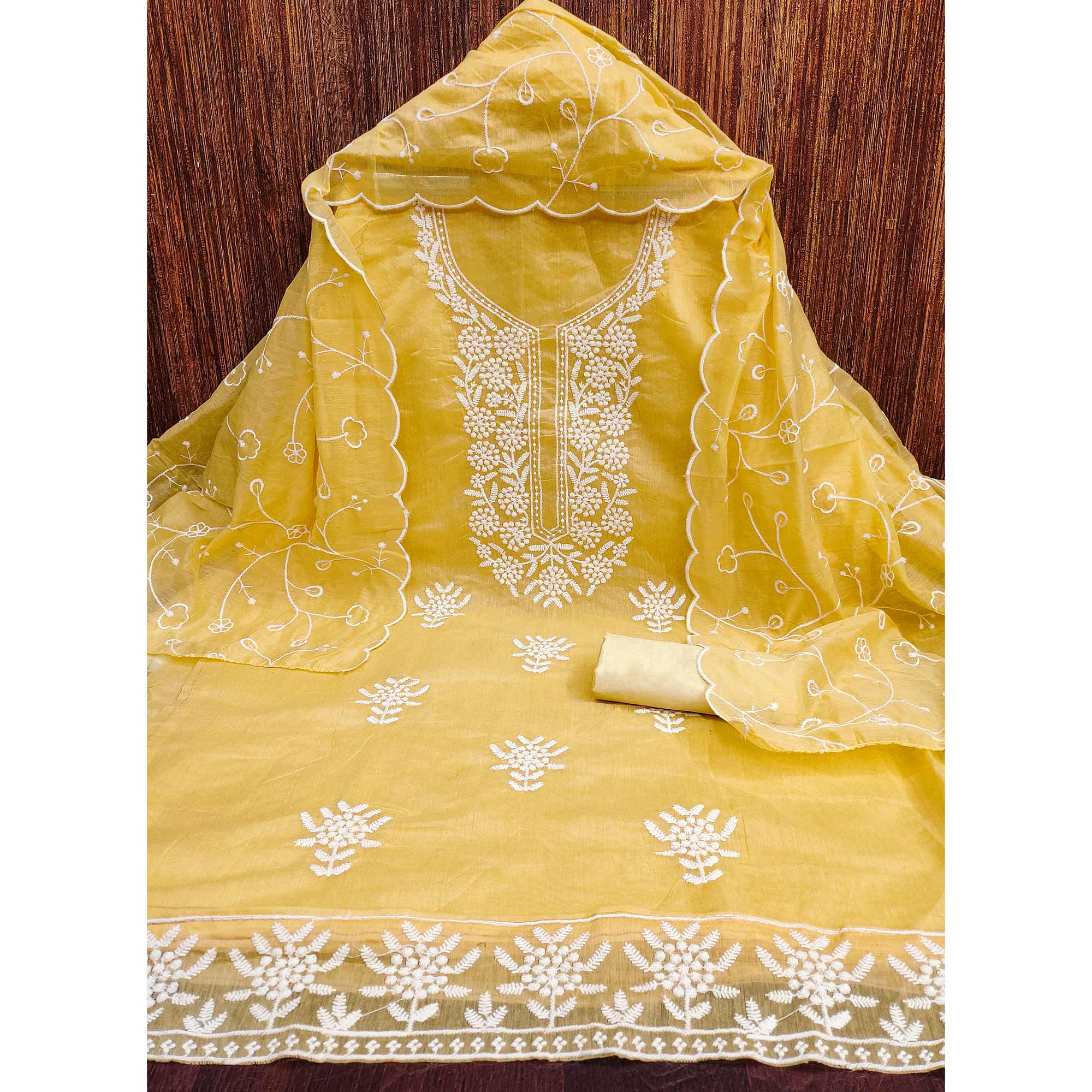 Yellow Chanderi Silk Dress Material With Exquisite Floral Thread Embroidery