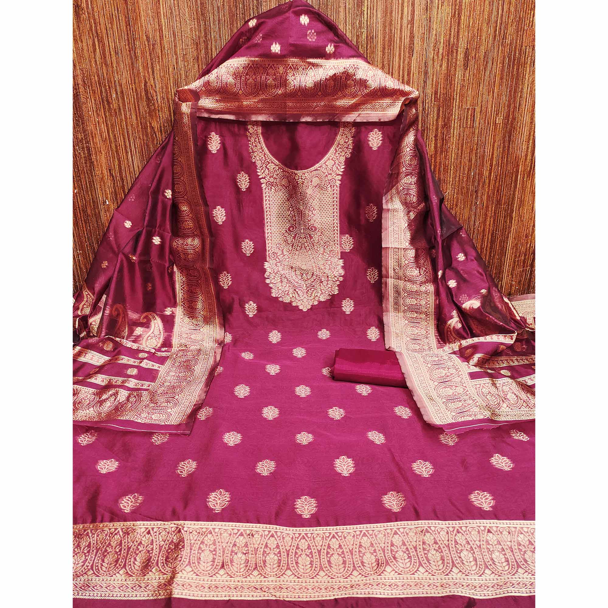 Wine Zari Floral Jacquard Weaving on Shimmer Silk Dress Material