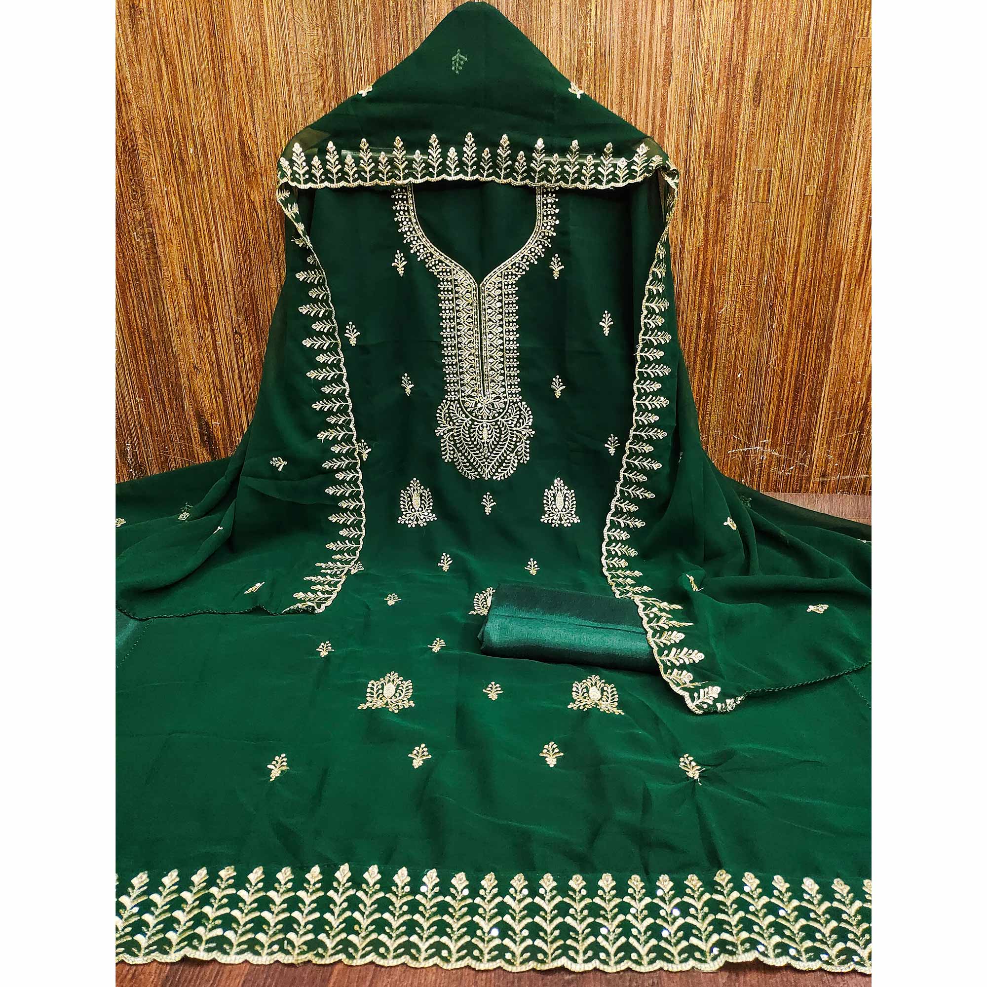 Green Georgette Dress Material Adorned With Floral Zari & Sequin Embroidery