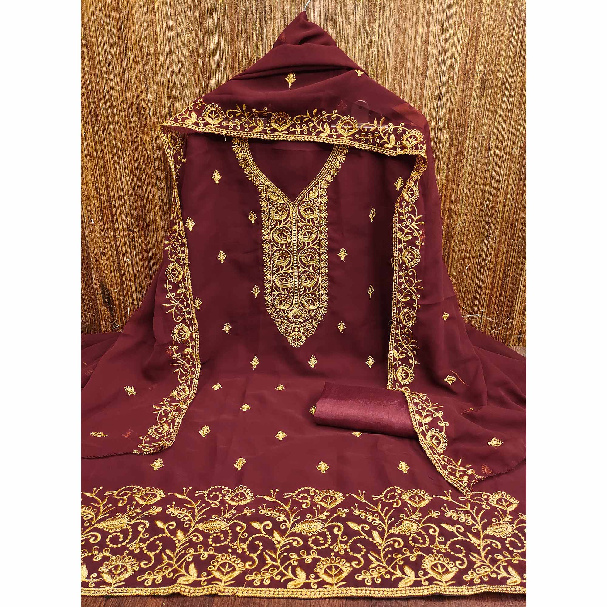 Maroon Georgette Dress Material With Intricate Floral Zari Embroidery