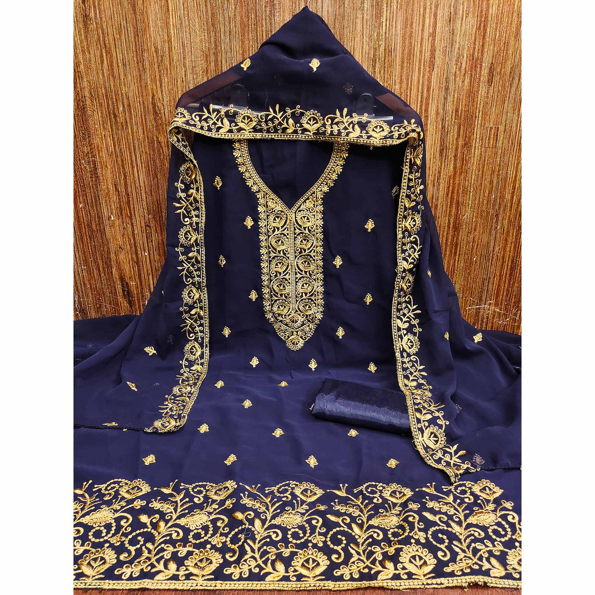 Navy Blue Georgette Dress Material With Intricate Floral Zari Embroidery