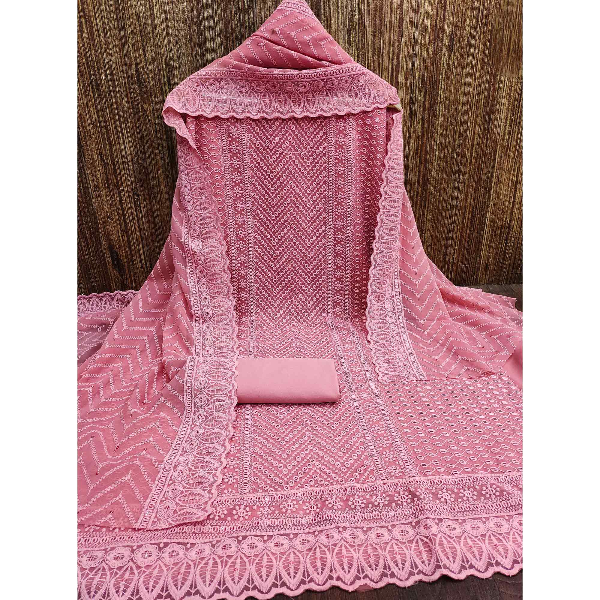 Pink Georgette Dress Material With Alluring Sequin Embroidery