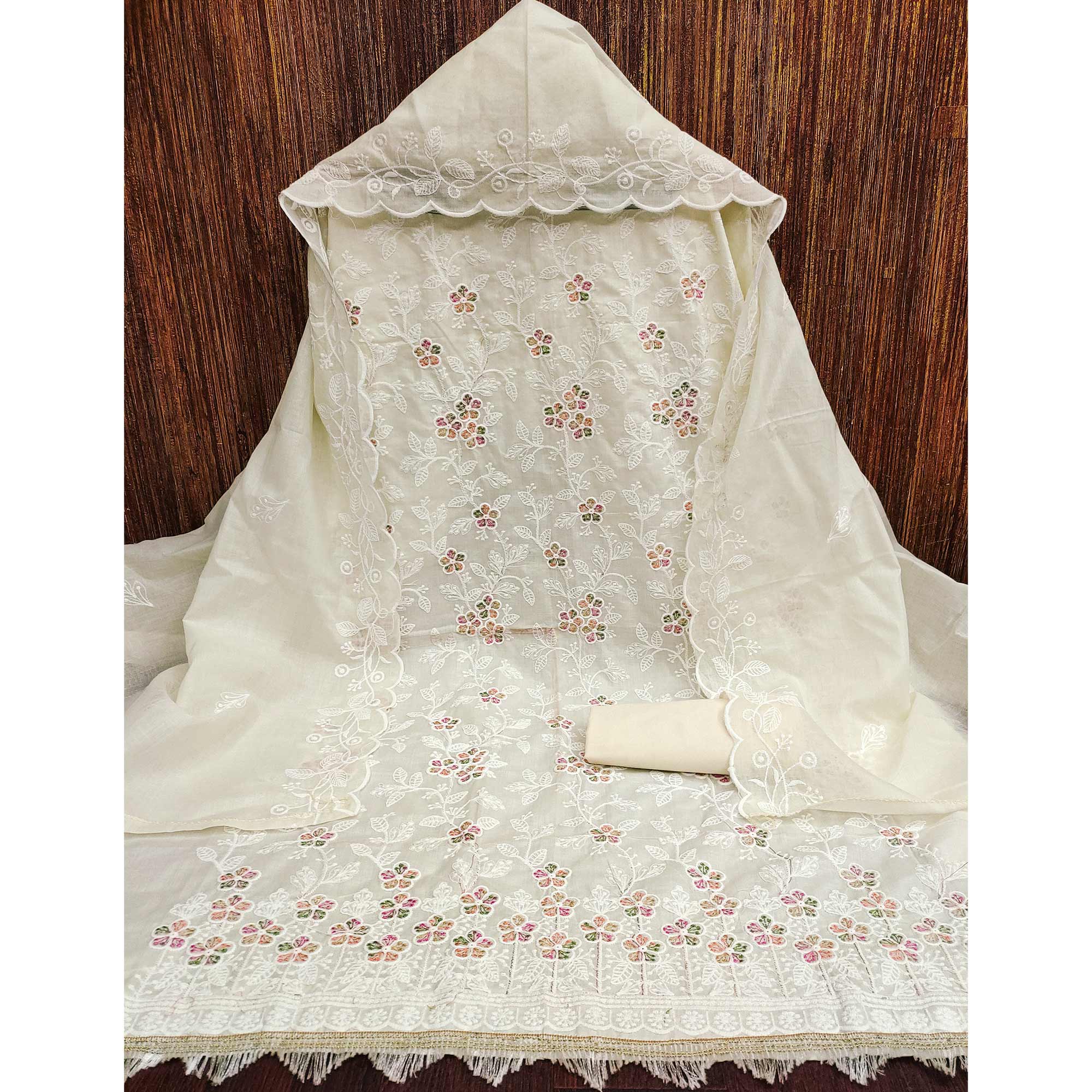 Cream Cotton Blend Dress Material With Delicate Floral Thread Embroidery