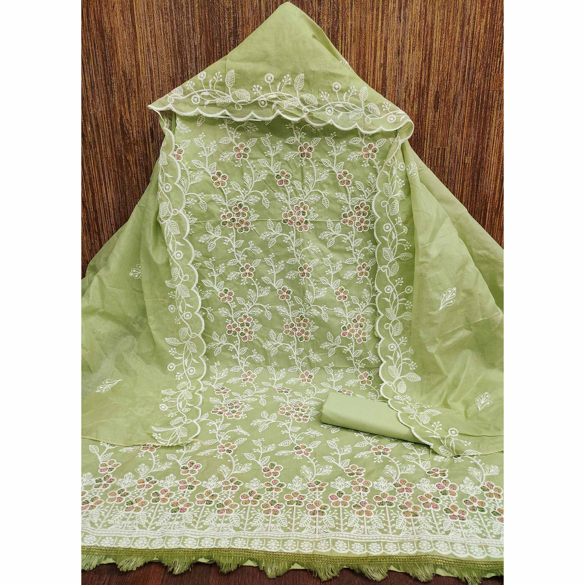 Green Cotton Blend Dress Material With Delicate Floral Thread Embroidery