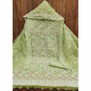 Green Cotton Blend Dress Material With Delicate Floral Thread Embroidery