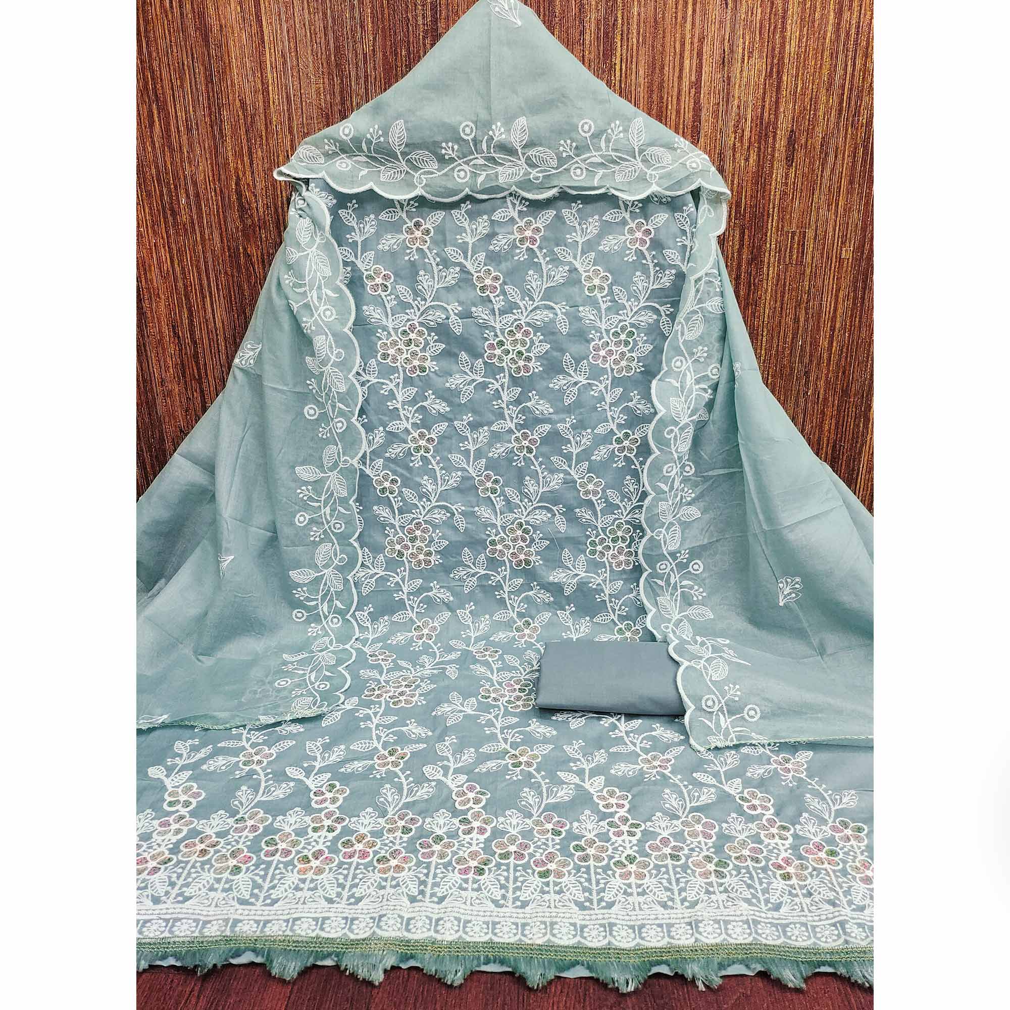 Grey Cotton Blend Dress Material With Delicate Floral Thread Embroidery