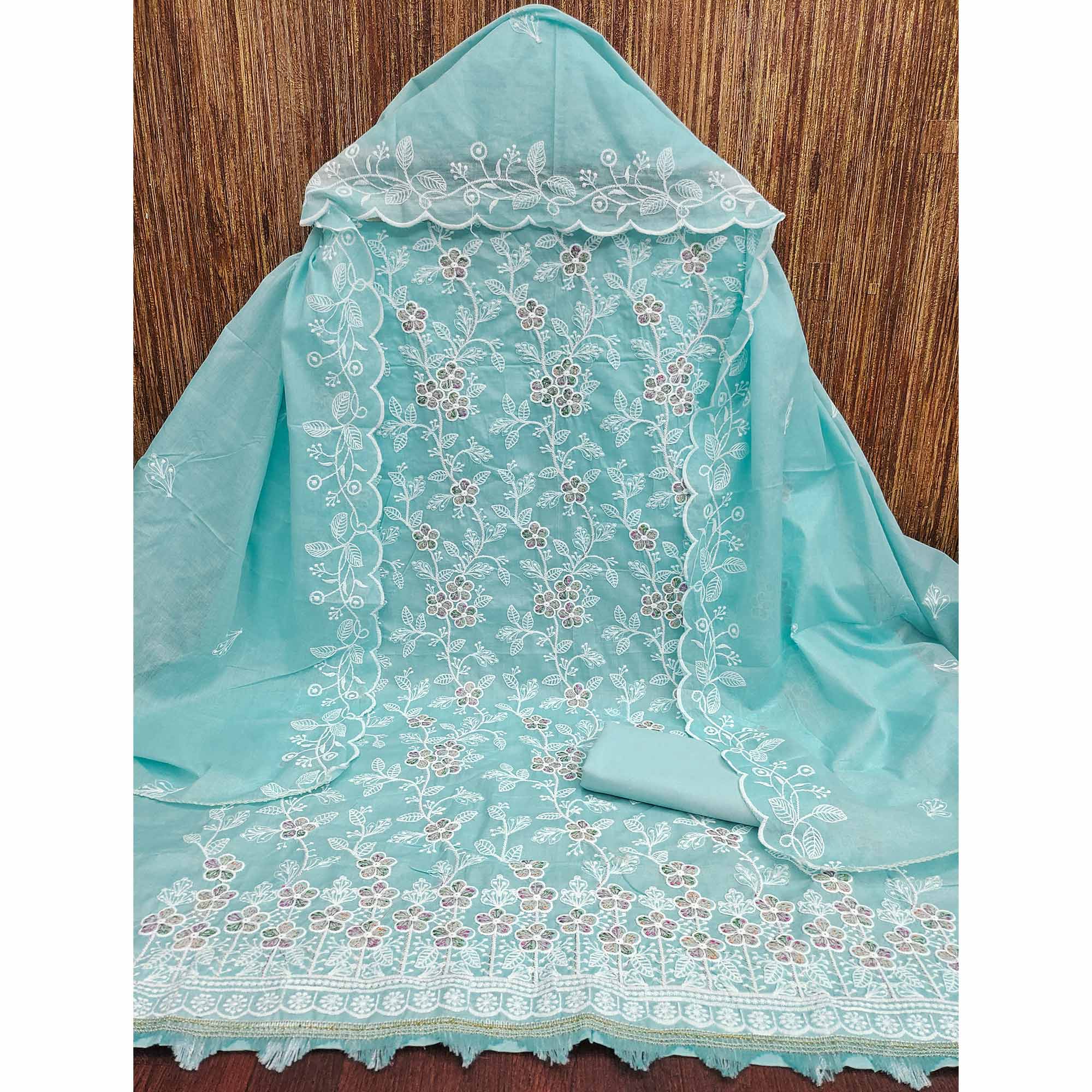 Sky Blue Cotton Blend Dress Material With Delicate Floral Thread Embroidery