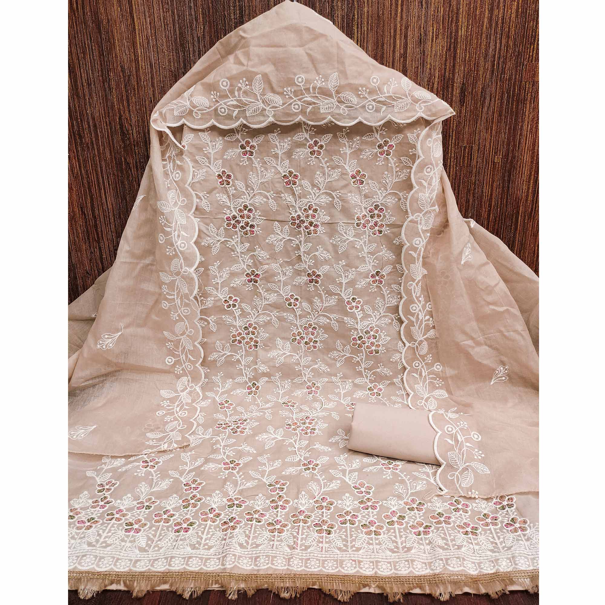 Warm Beige Cotton Blend Dress Material With Delicate Floral Thread Embroidery
