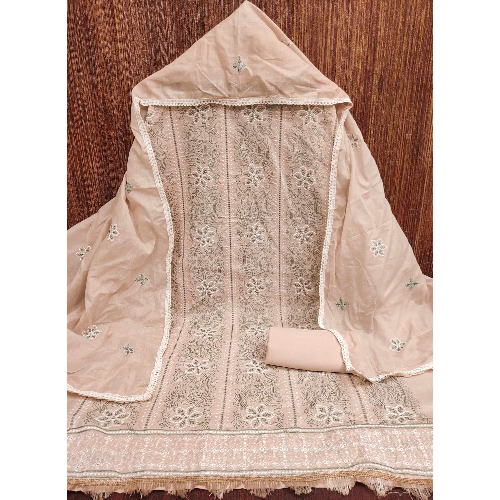 Warm Beige Cotton Blend Dress Material With Intricate Floral Thread Embroidery Work