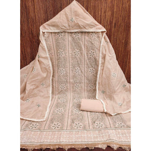Warm Beige Cotton Blend Dress Material With Intricate Floral Thread Embroidery Work