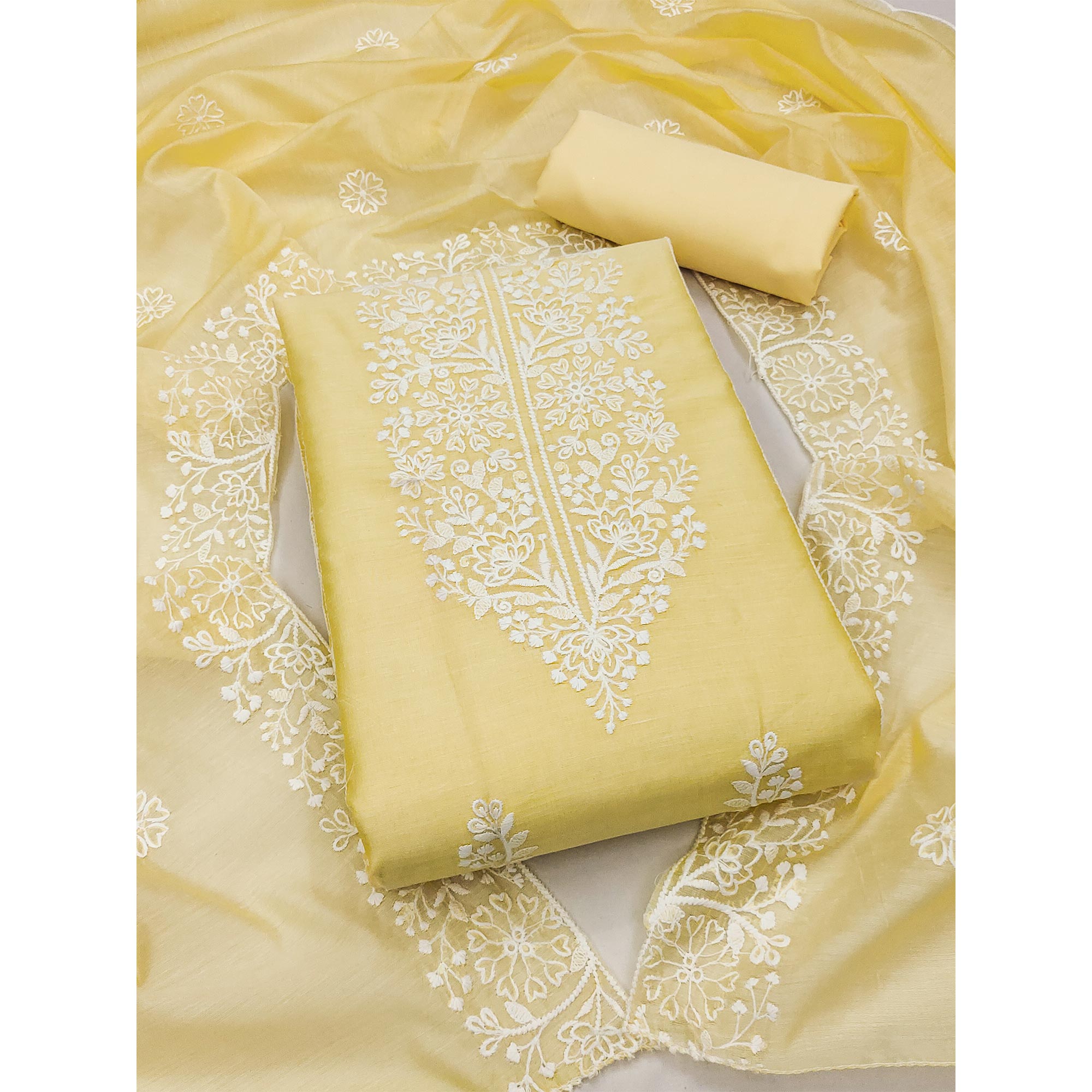 Light Yellow Floral Embroidered Chanderi Silk Dress Material For Graceful Styling