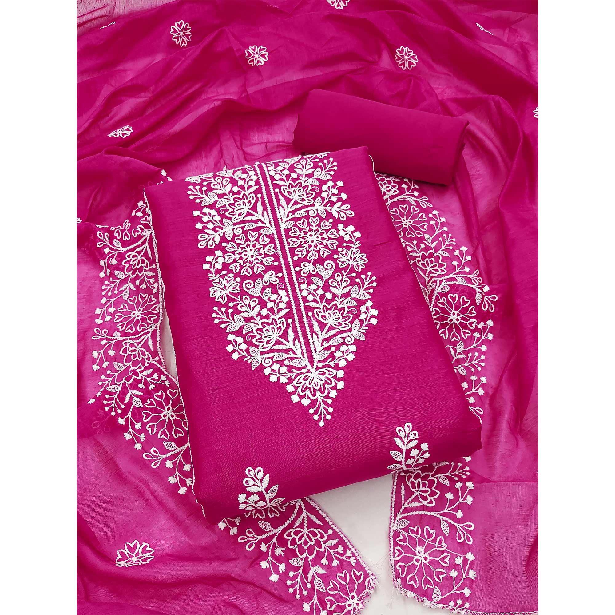 Rani Pink Floral Embroidered Chanderi Silk Dress Material For Graceful Styling