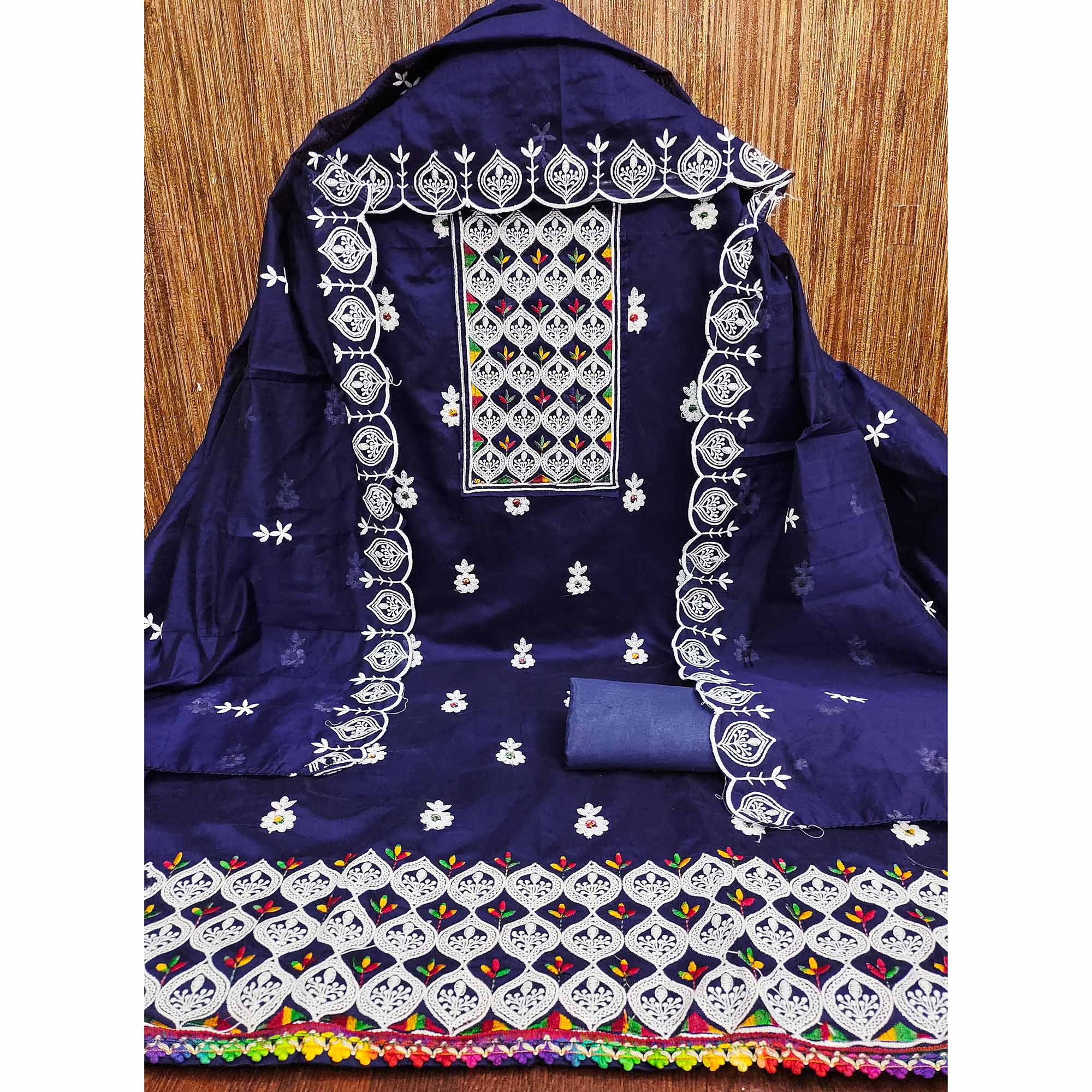 Navy Blue Chanderi Cotton Suit Material with Graceful Embroidery