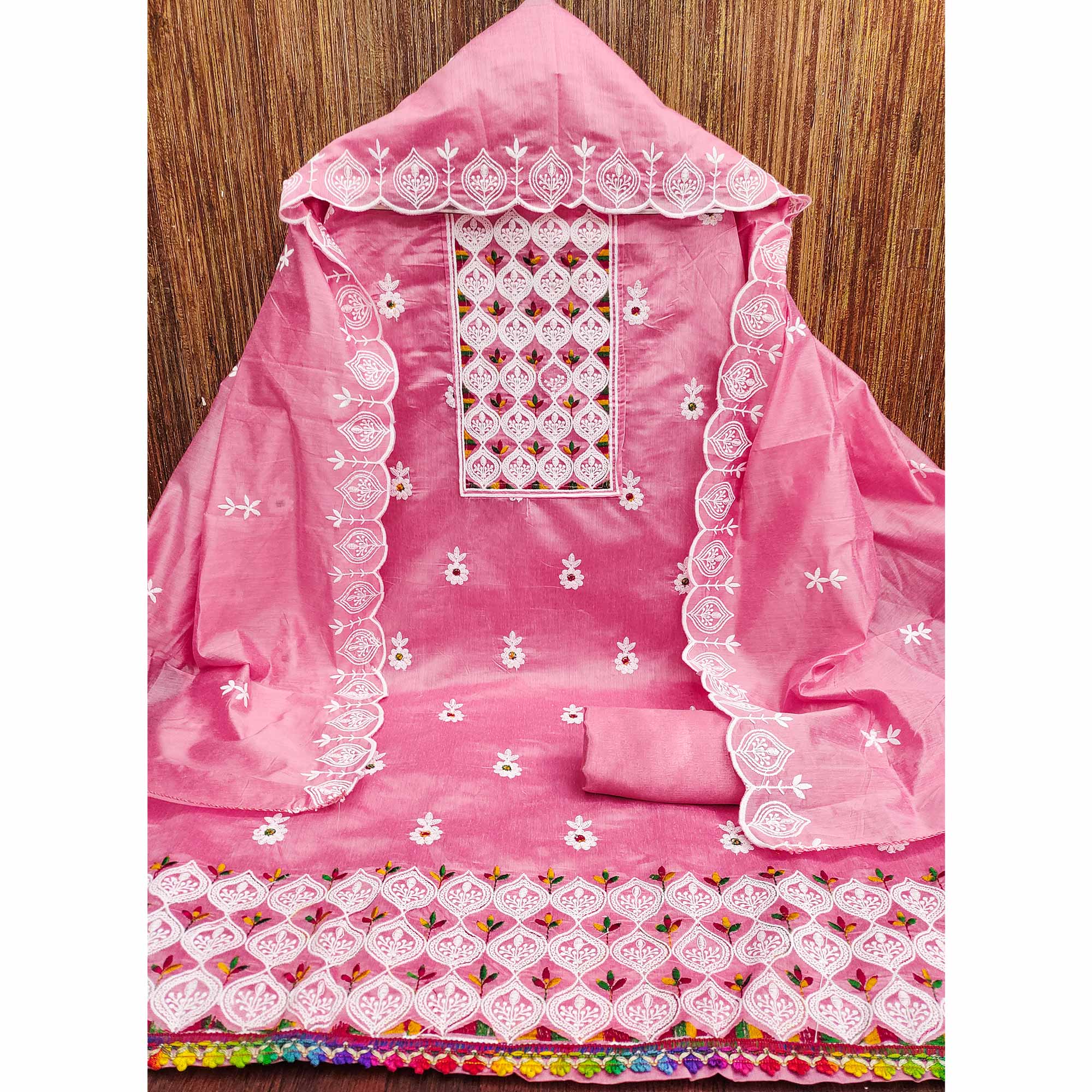 Pink Chanderi Cotton Suit Material with Graceful Embroidery