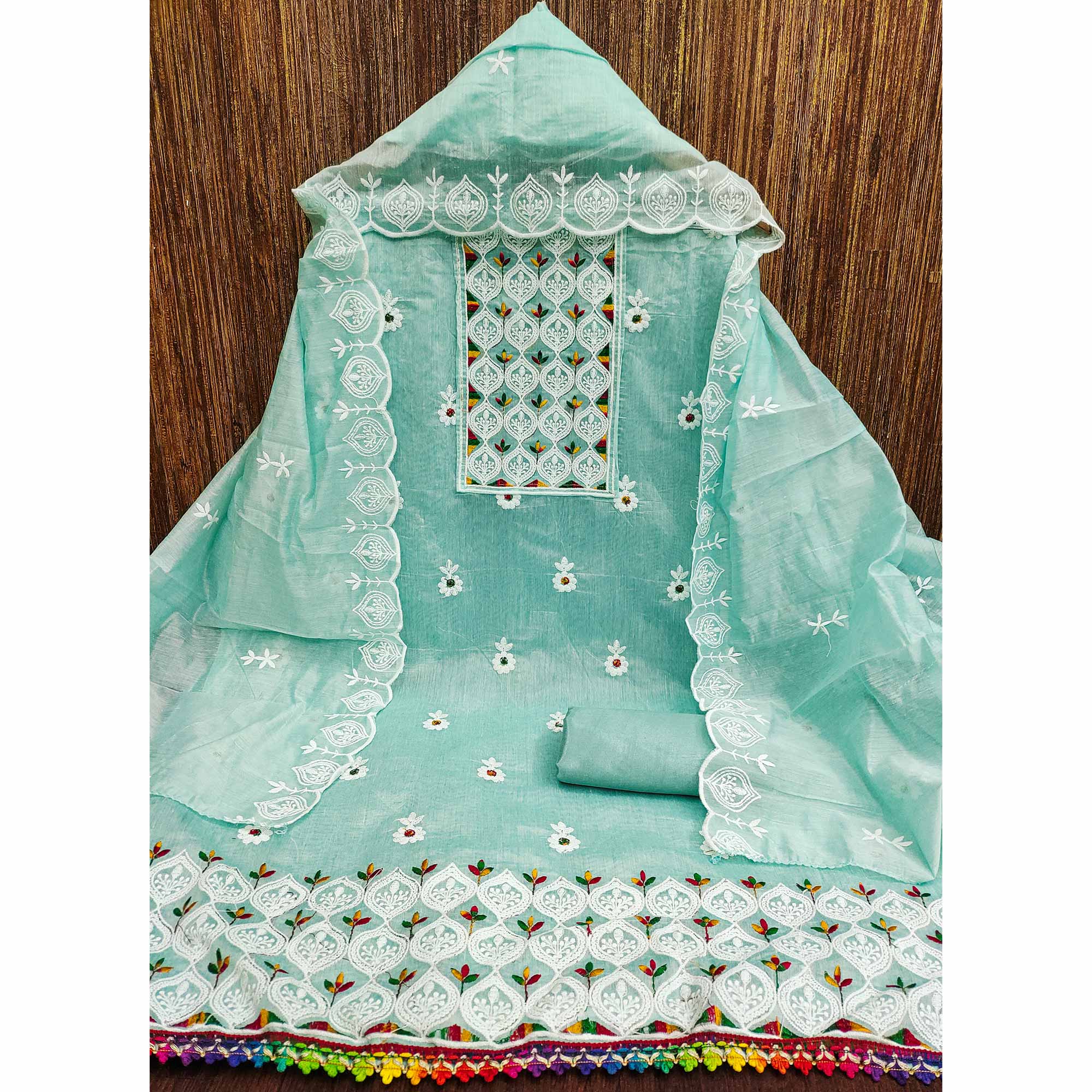 Sea Green Chanderi Cotton Suit Material with Graceful Embroidery