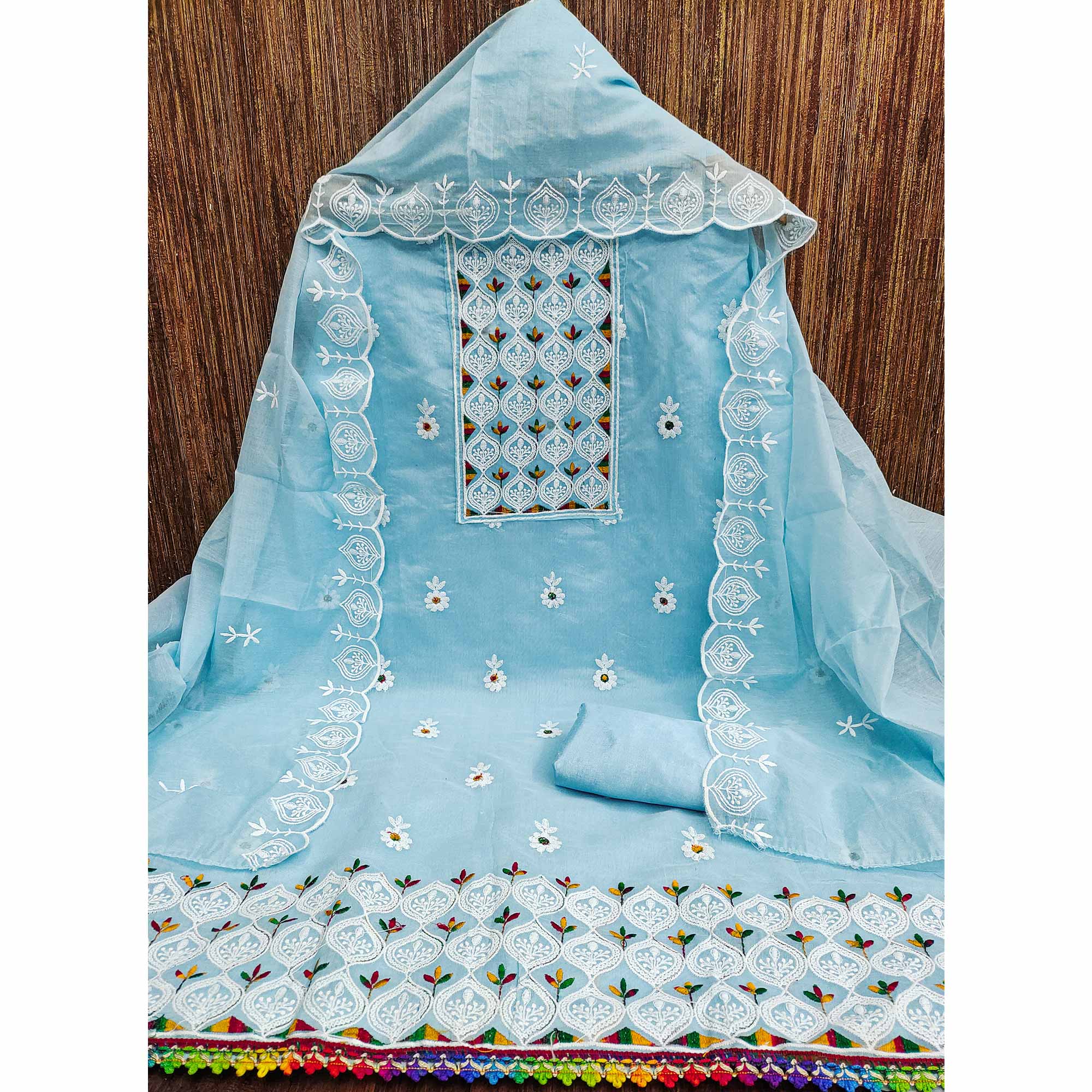 Sky Blue Chanderi Cotton Suit Material with Graceful Embroidery