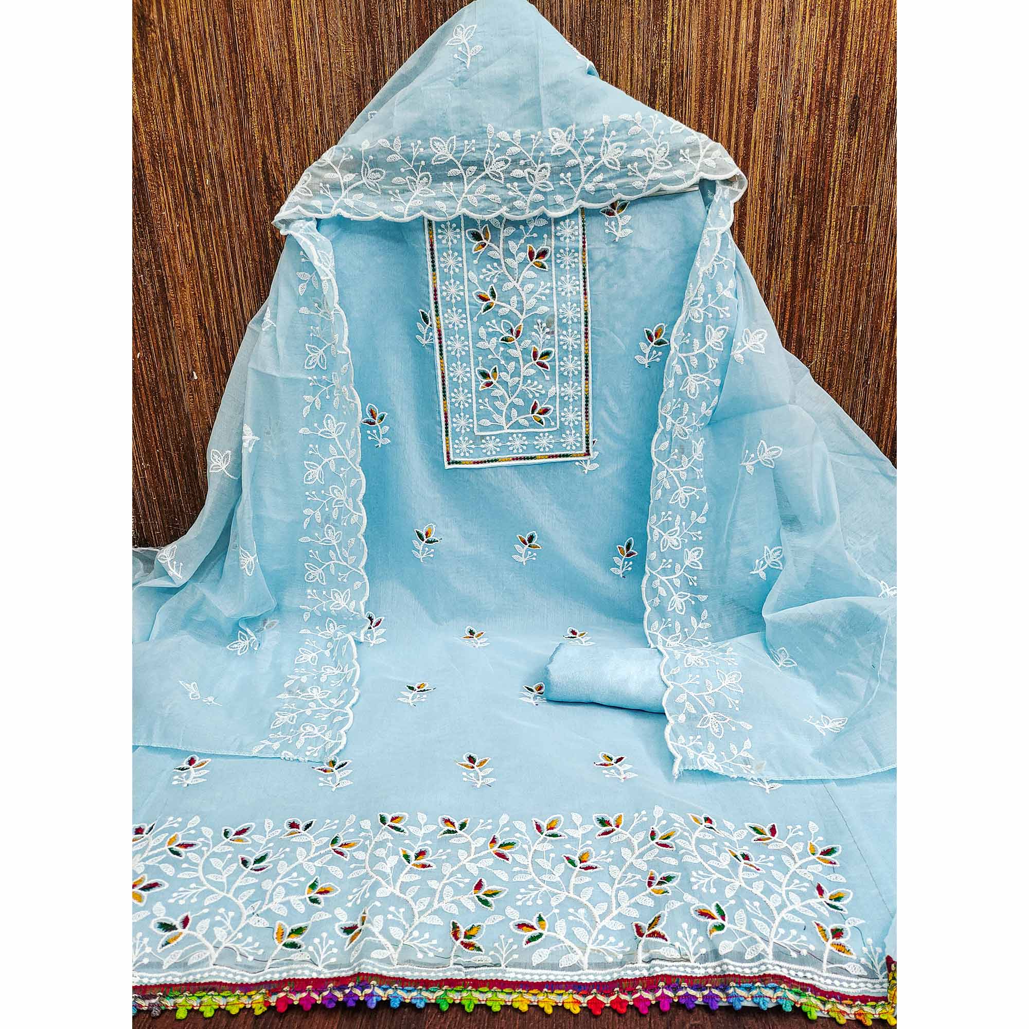 Sky Blue Embroidered Floral Chanderi Cotton Material for Elegant Dressing