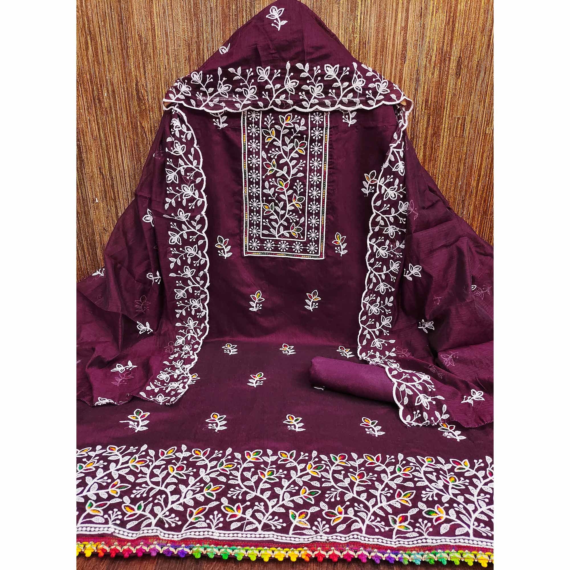Wine Embroidered Floral Chanderi Cotton Material for Elegant Dressing
