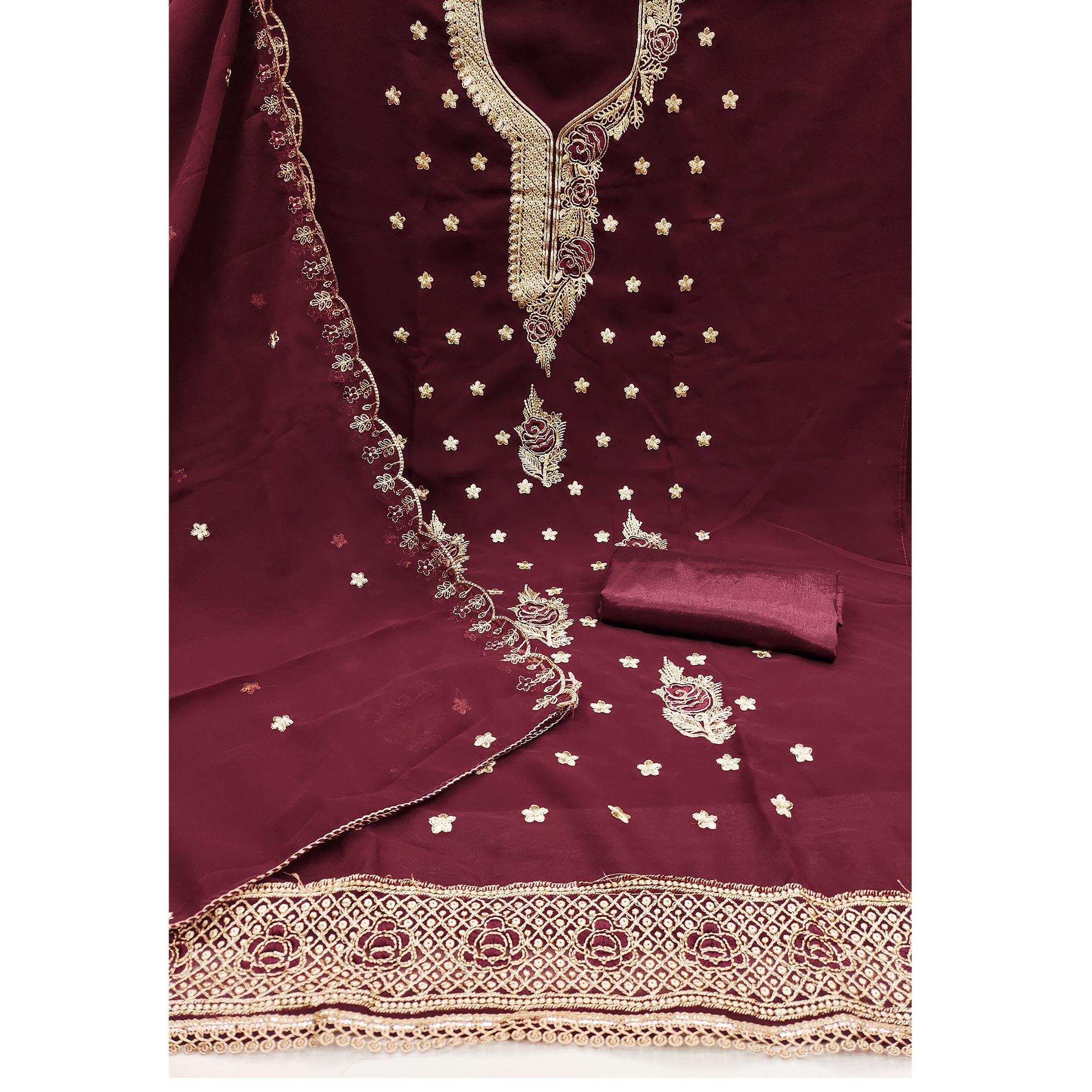 Maroon Dress Material Featuring Delicate Floral Thread & Zari Embroidery Work On Georgette