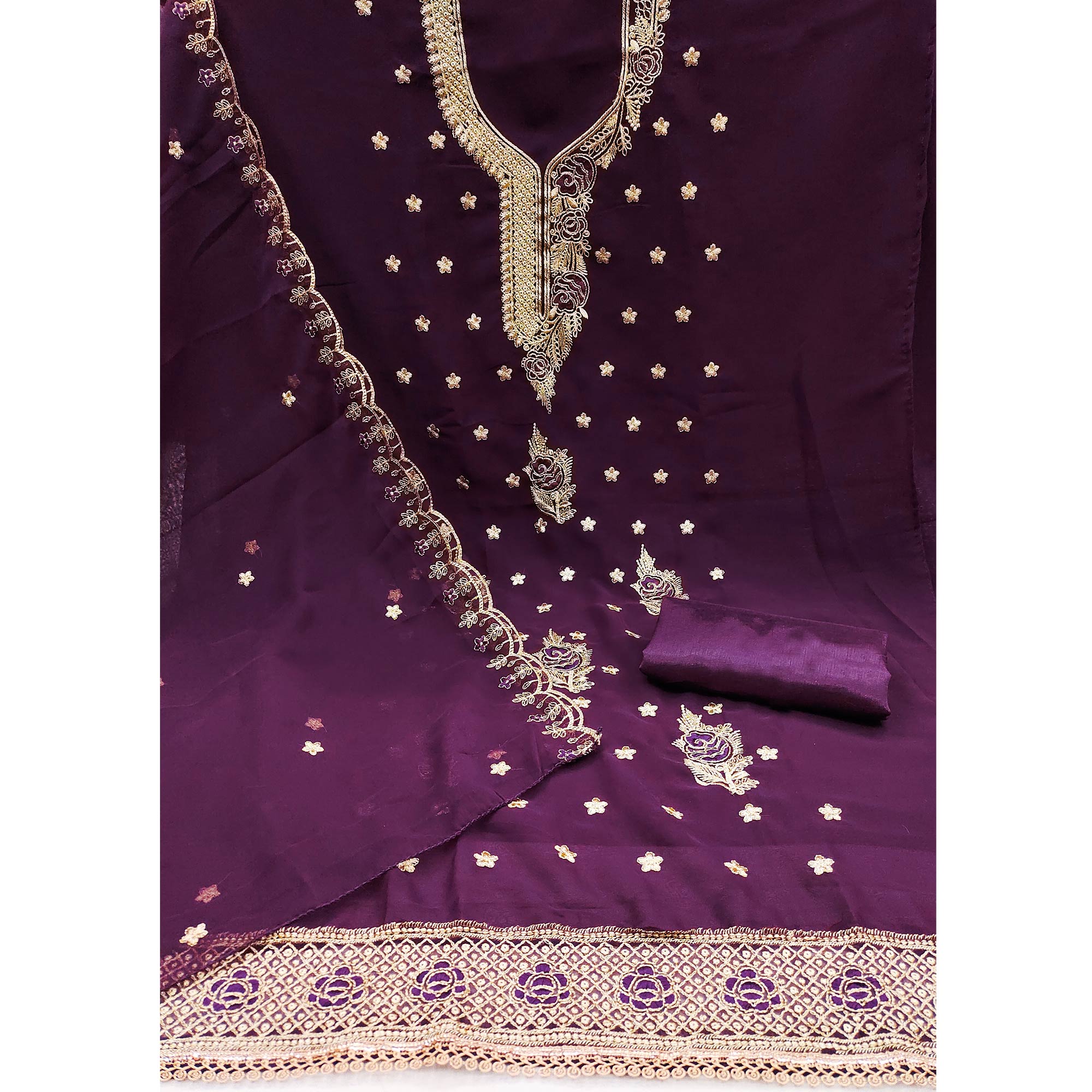 Wine Dress Material Featuring Delicate Floral Thread & Zari Embroidery Work On Georgette