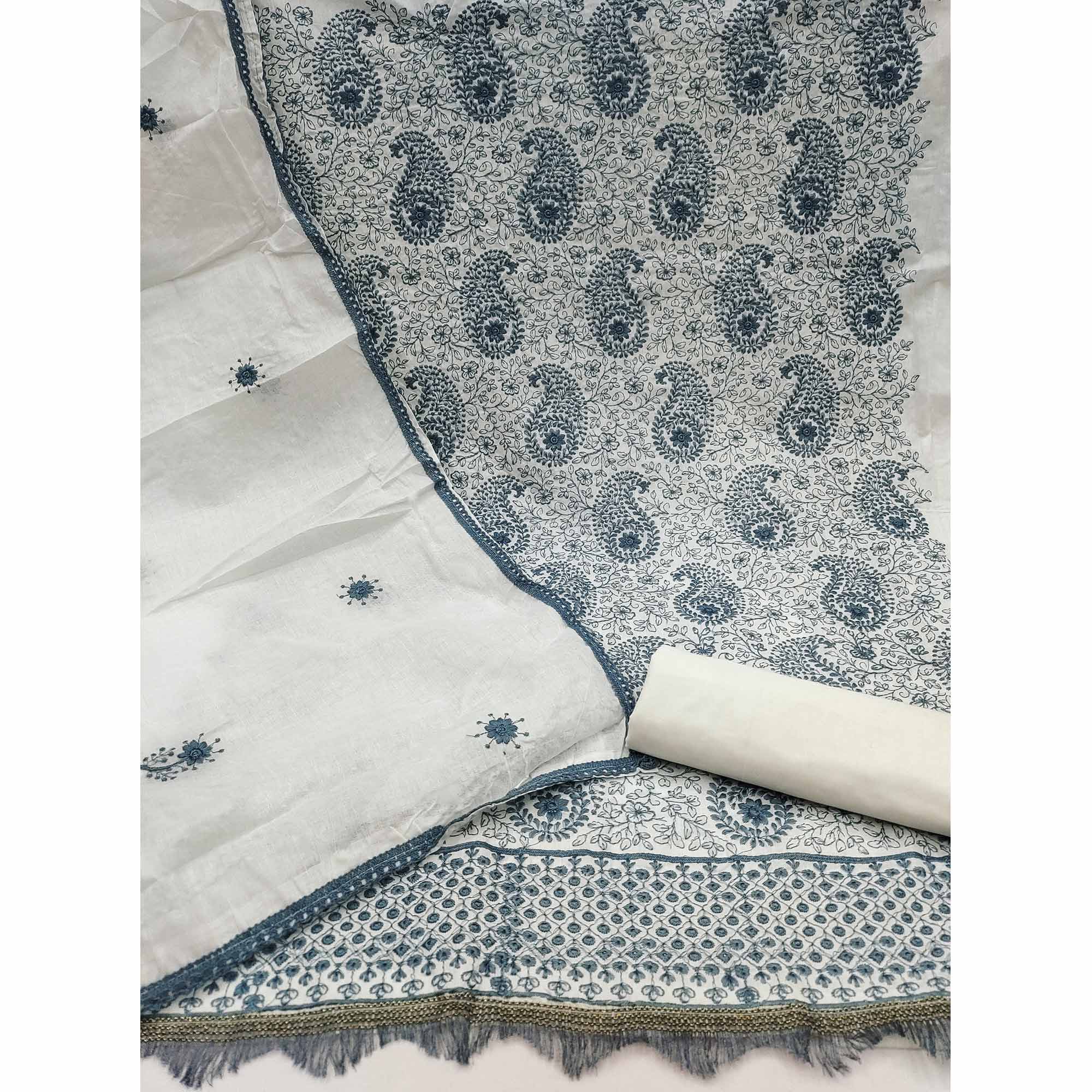 Cream Dress Material In Cotton Blend With Graceful Floral Thread Embroidery