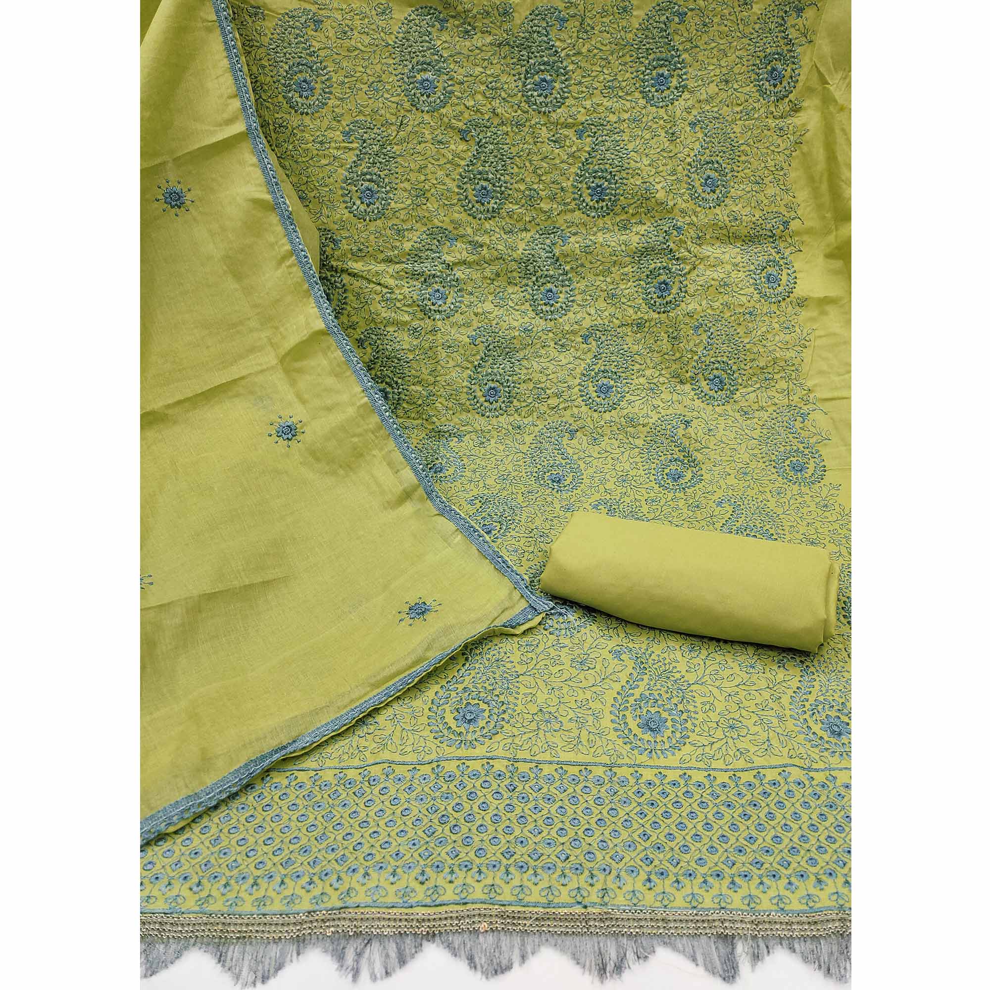 Green Dress Material In Cotton Blend With Graceful Floral Thread Embroidery