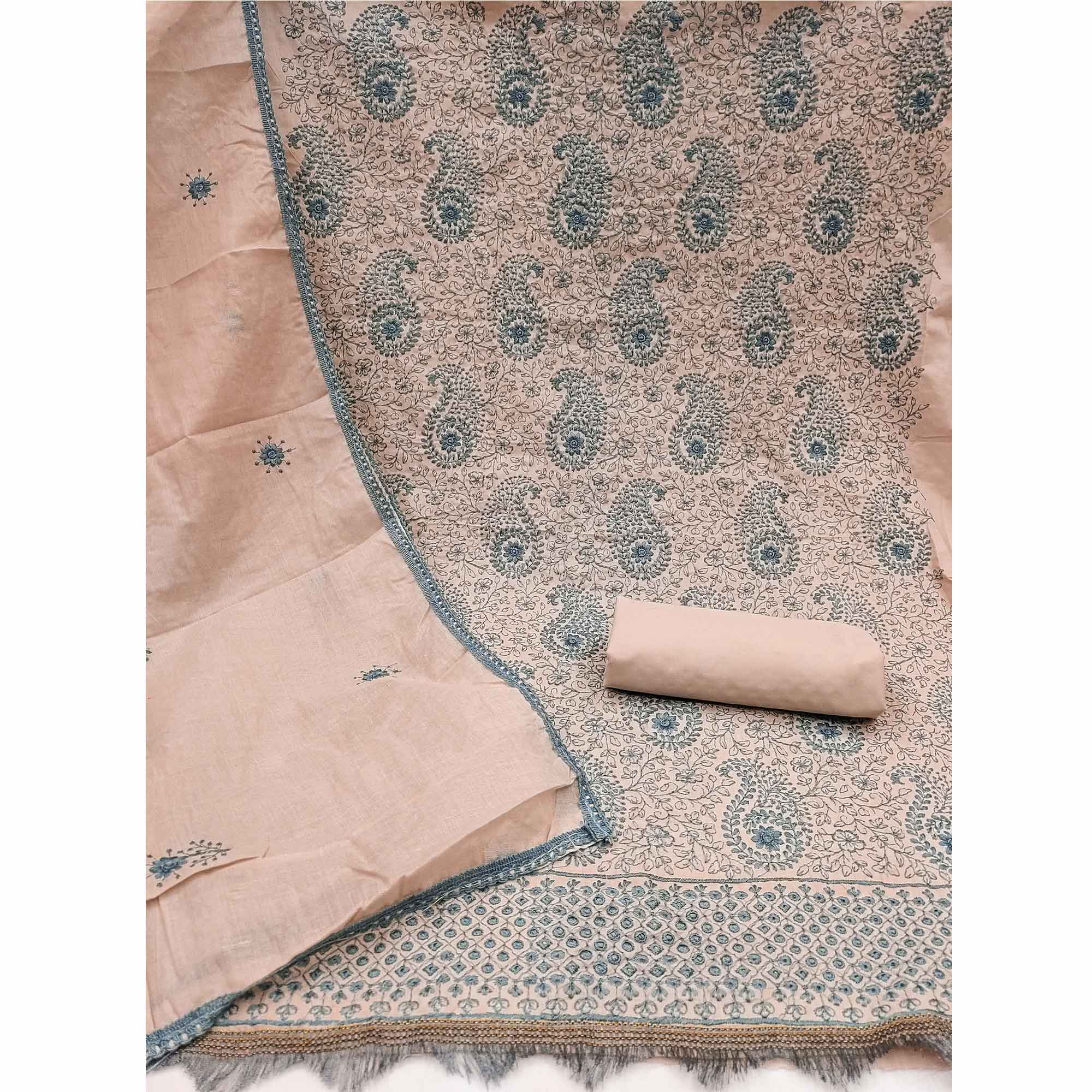 Peach Dress Material In Cotton Blend With Graceful Floral Thread Embroidery