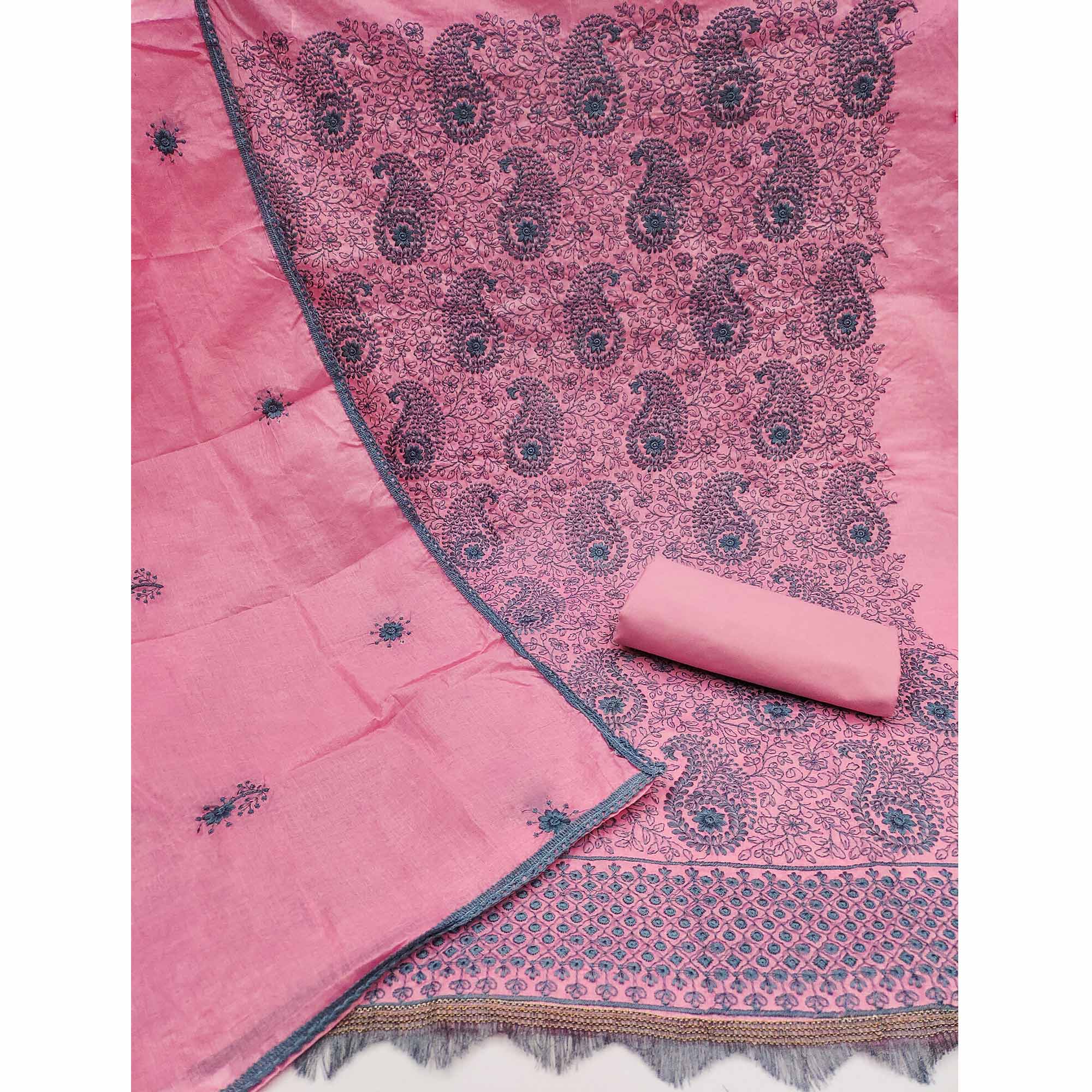 Pink Dress Material In Cotton Blend With Graceful Floral Thread Embroidery