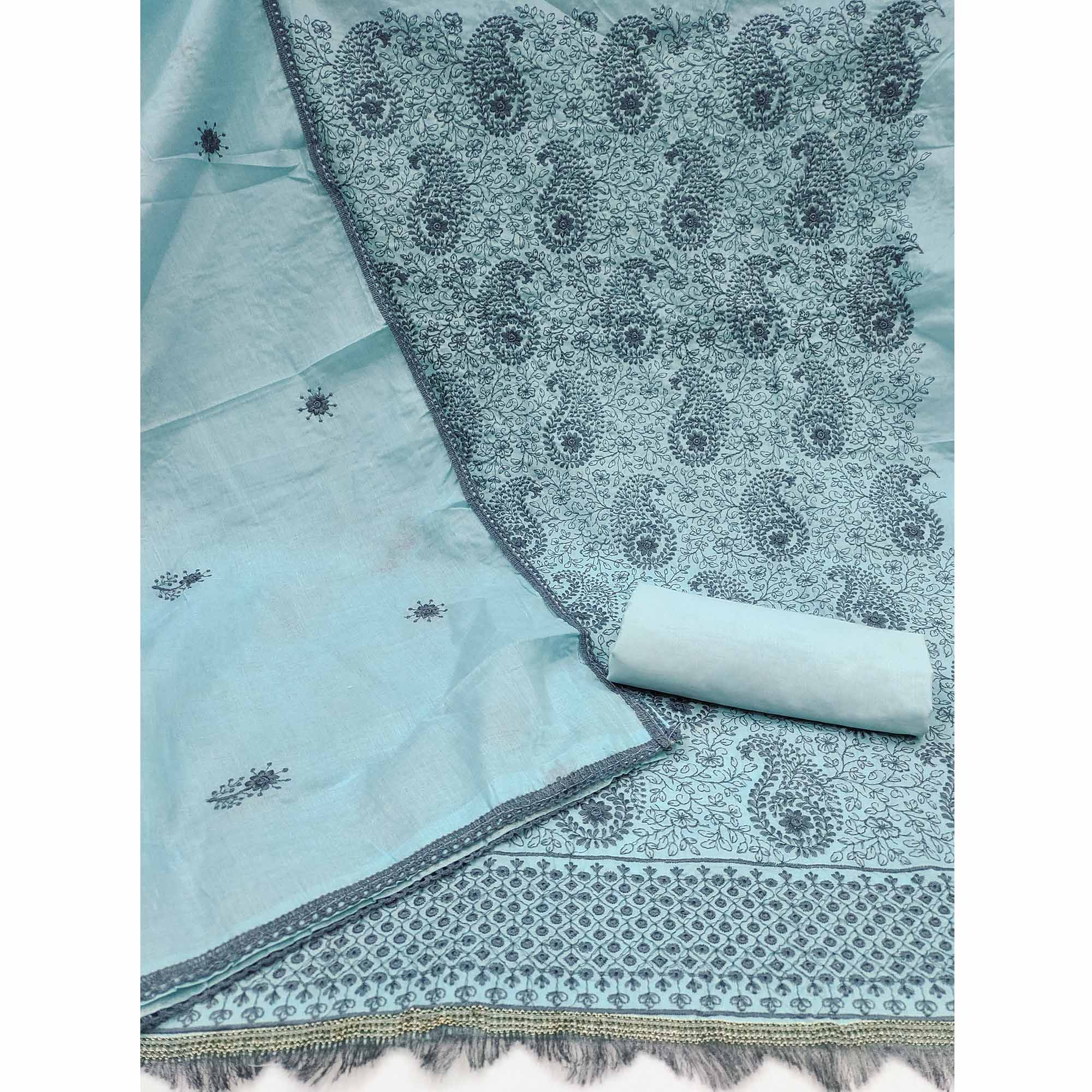 Sky Blue Dress Material In Cotton Blend With Graceful Floral Thread Embroidery