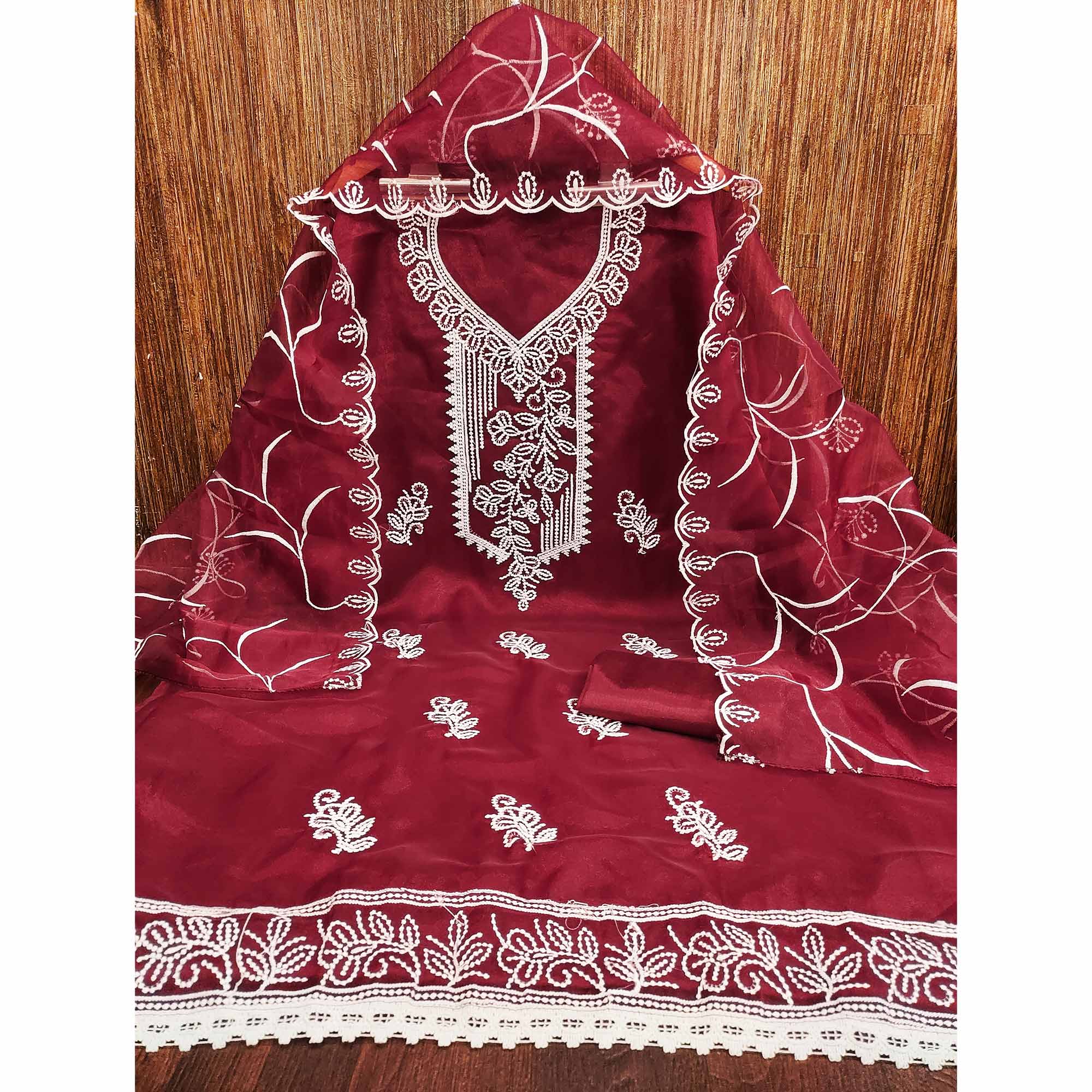Maroon Organza Dress Material With Alluring Thread Floral Embroidery